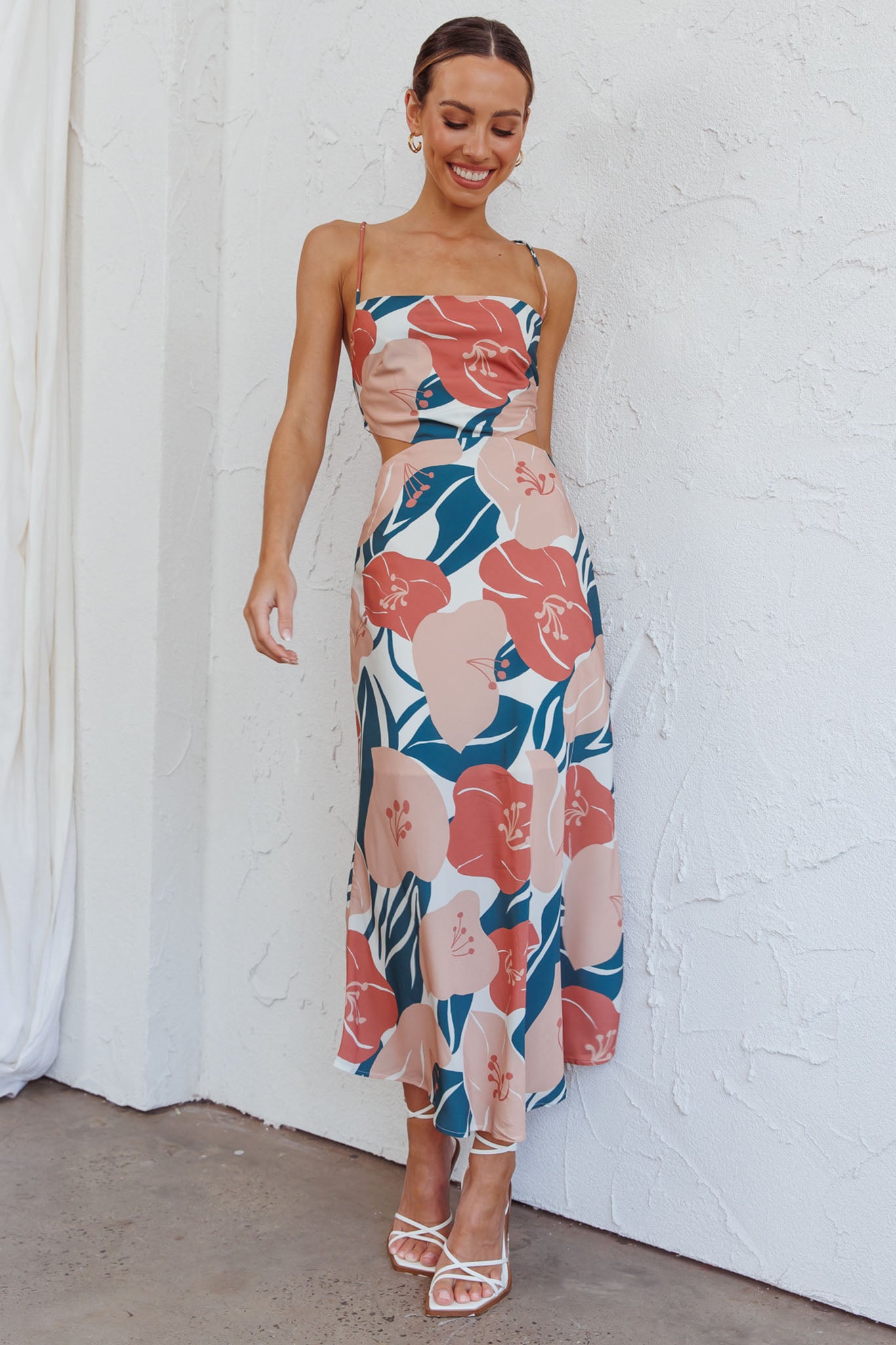 Sunday Bliss Tie-Up Back Cowl Neck Midi Dress Flower Red by Selfie Leslie Australia