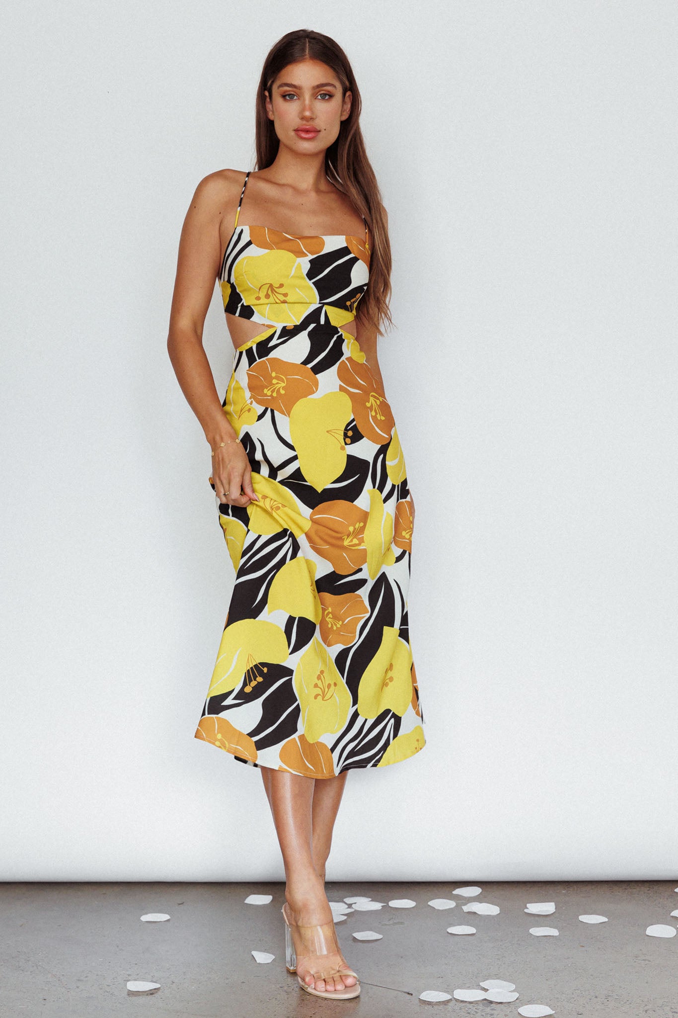 Sunday Bliss Tie-Up Back Cowl Neck Midi Dress Flower Yellow by Selfie Leslie Australia