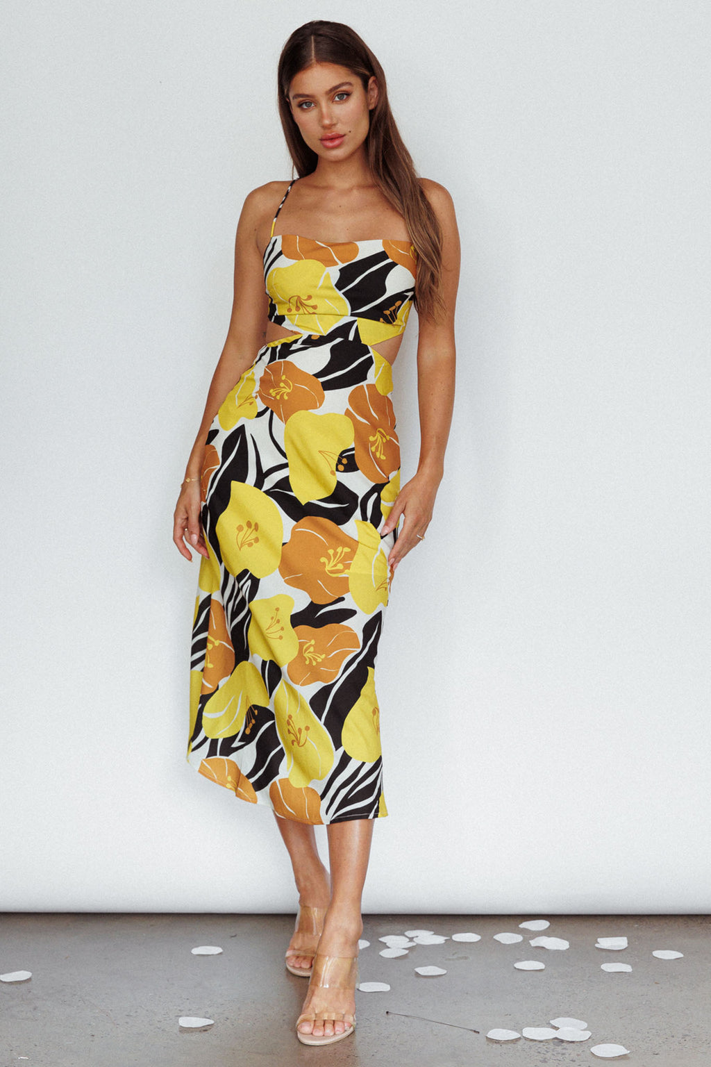 Sunday Bliss Tie-Up Back Cowl Neck Midi Dress Flower Yellow by Selfie Leslie Australia