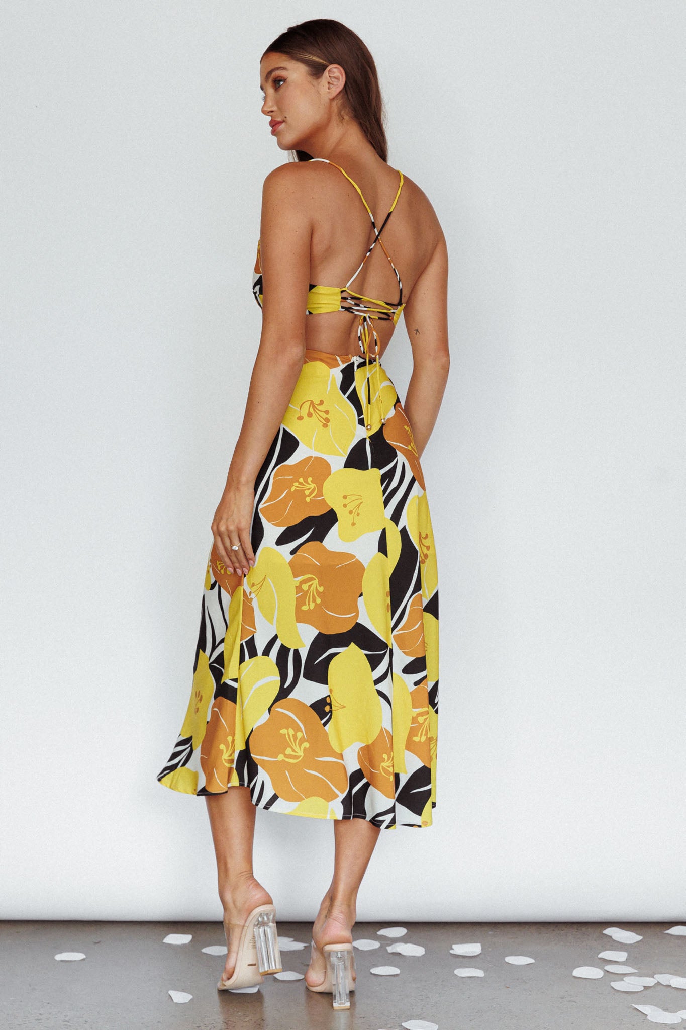 Sunday Bliss Tie-Up Back Cowl Neck Midi Dress Flower Yellow by Selfie Leslie Australia