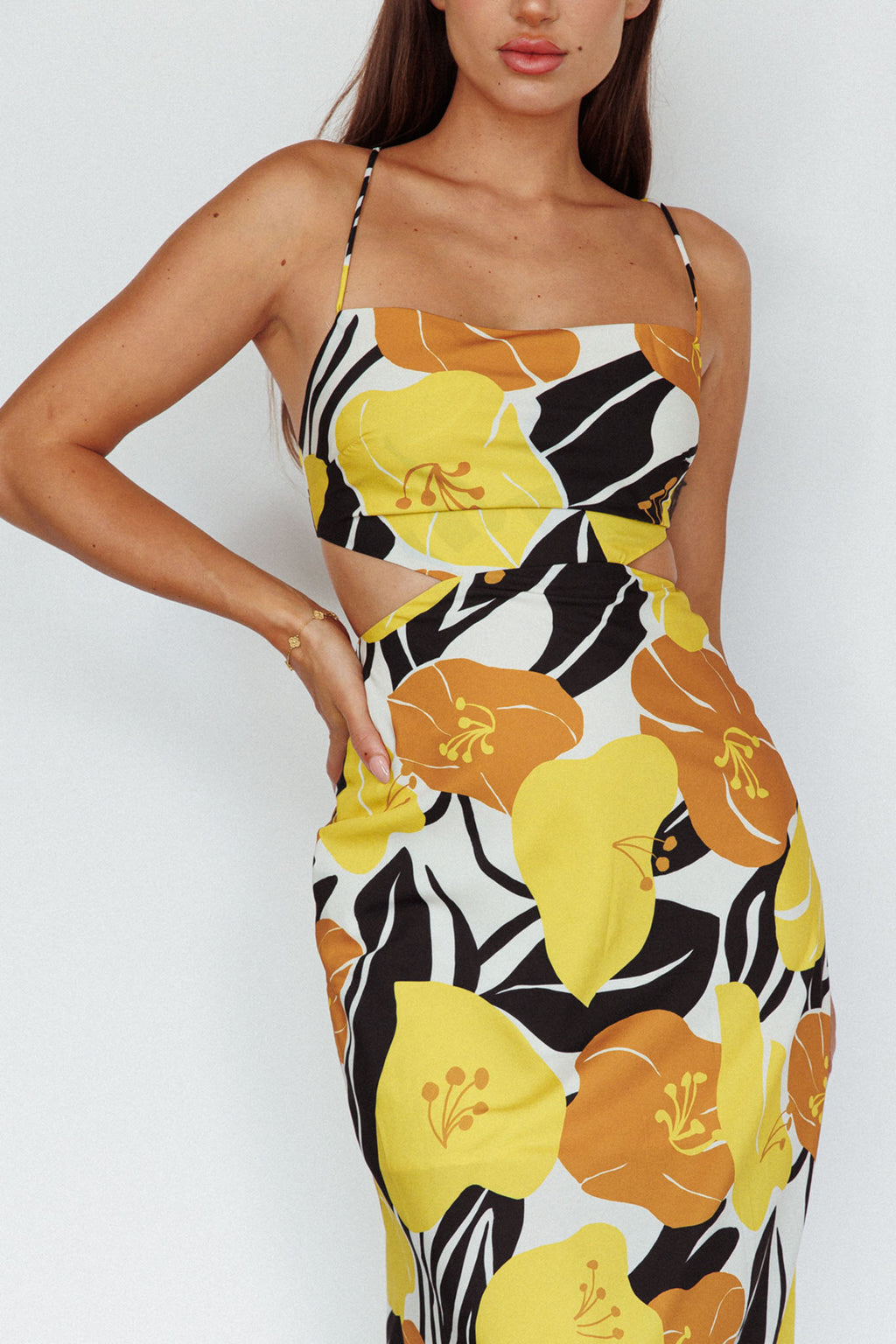 Sunday Bliss Tie-Up Back Cowl Neck Midi Dress Flower Yellow by Selfie Leslie Australia