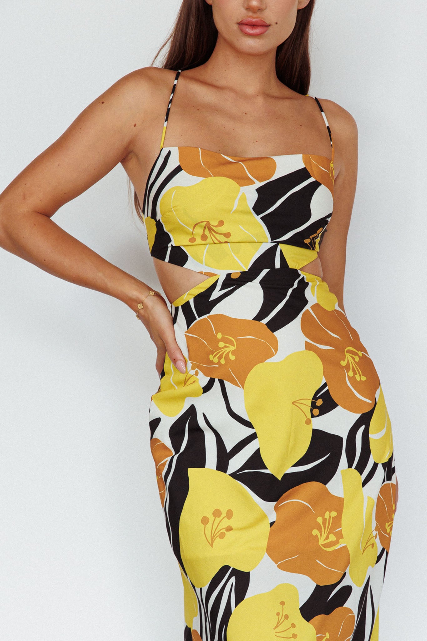 Sunday Bliss Tie-Up Back Cowl Neck Midi Dress Flower Yellow by Selfie Leslie Australia