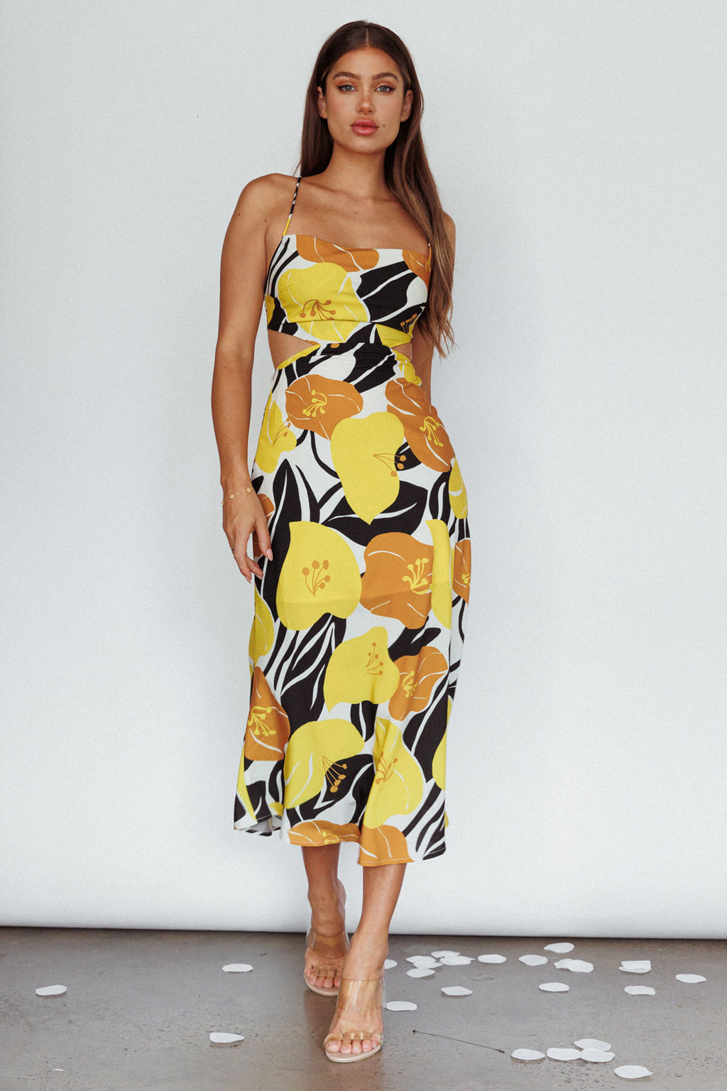 Sunday Bliss Tie-Up Back Cowl Neck Midi Dress Flower Yellow by Selfie Leslie Australia