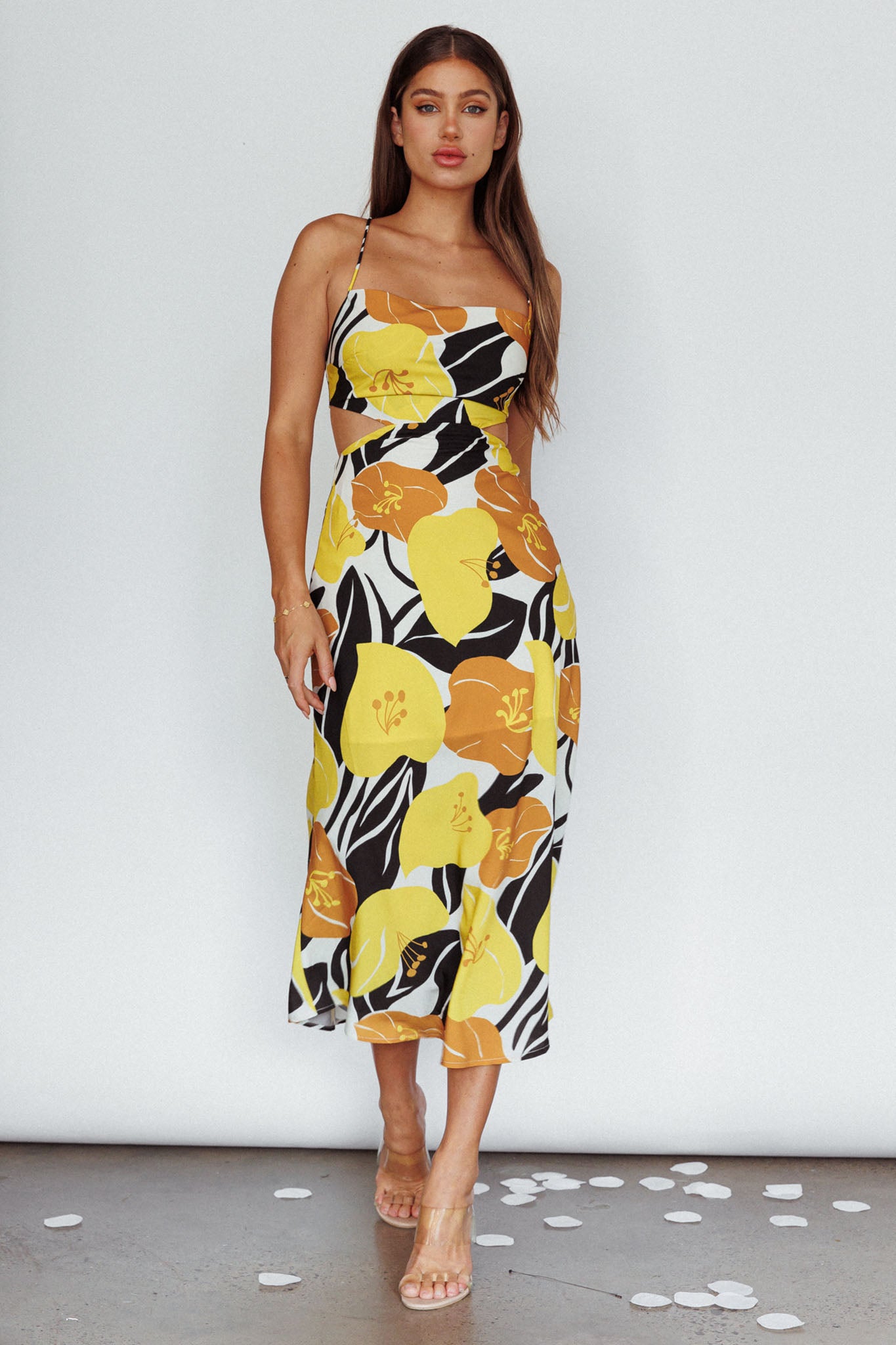 Sunday Bliss Tie-Up Back Cowl Neck Midi Dress Flower Yellow by Selfie Leslie Australia