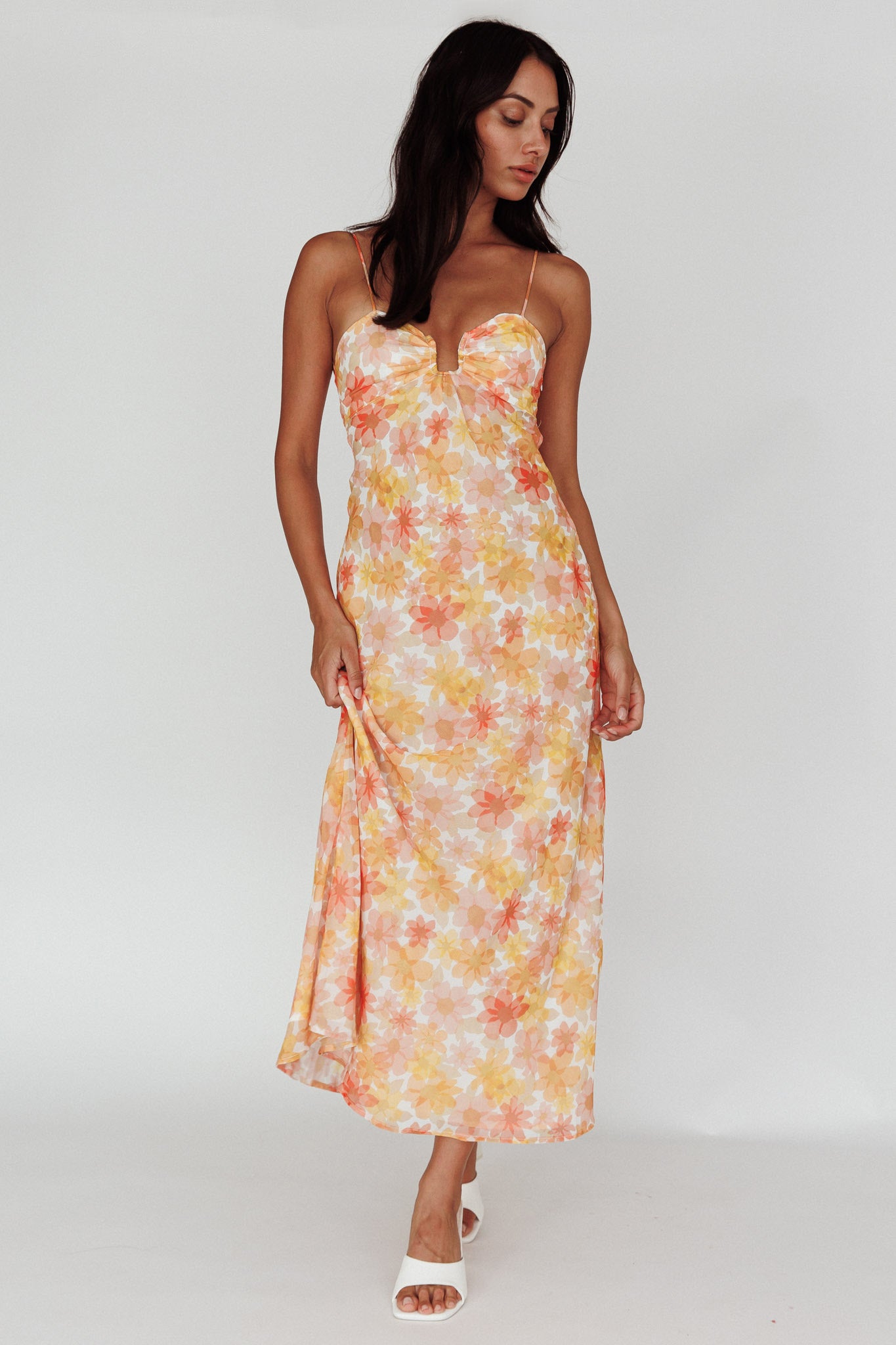 Arika Twist Back Midi Dress Floral Yellow by Selfie Leslie Australia