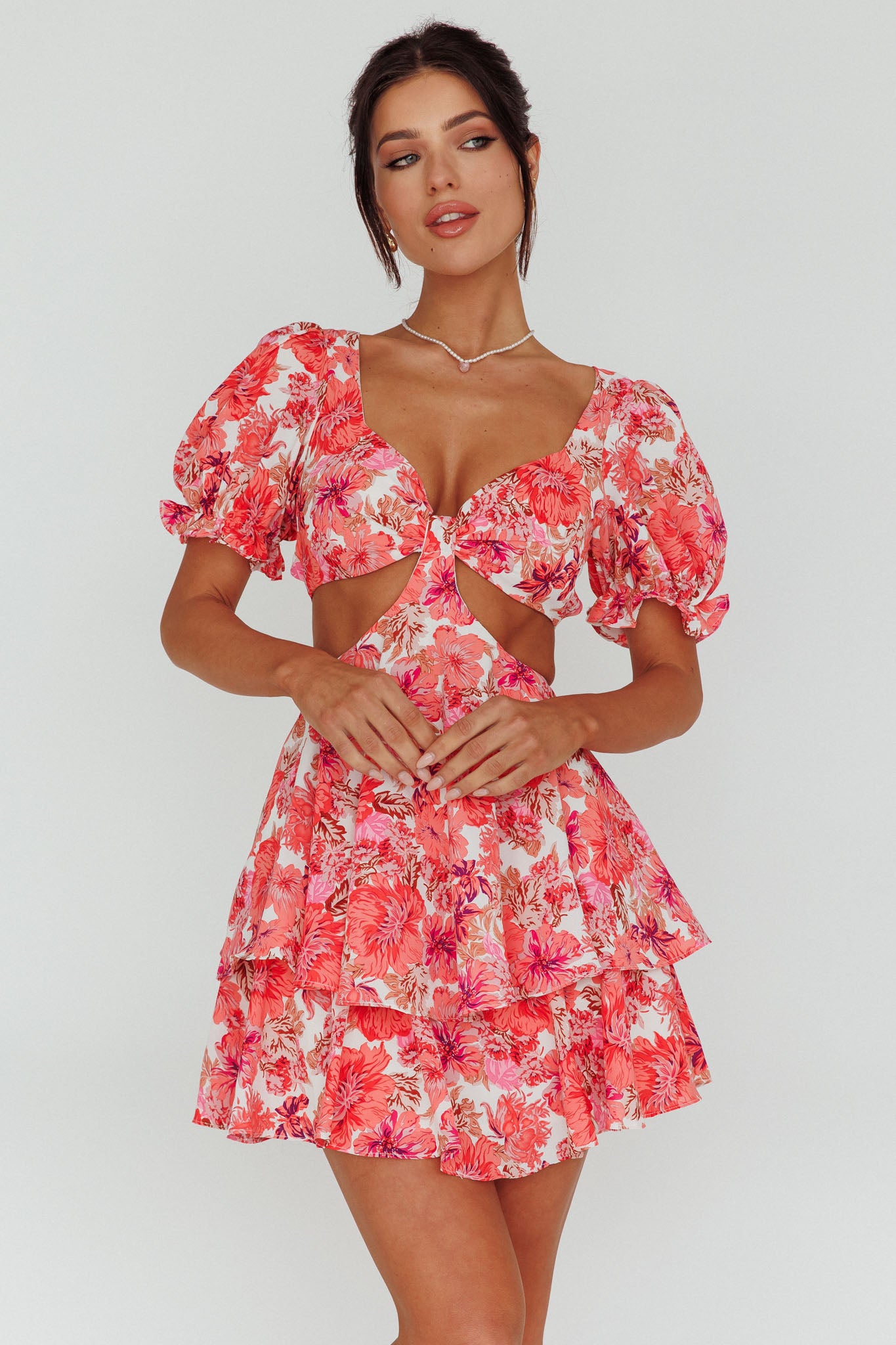Orianthi Cut-Out Waist Mini Dress Floral Pink by Selfie Leslie Australia