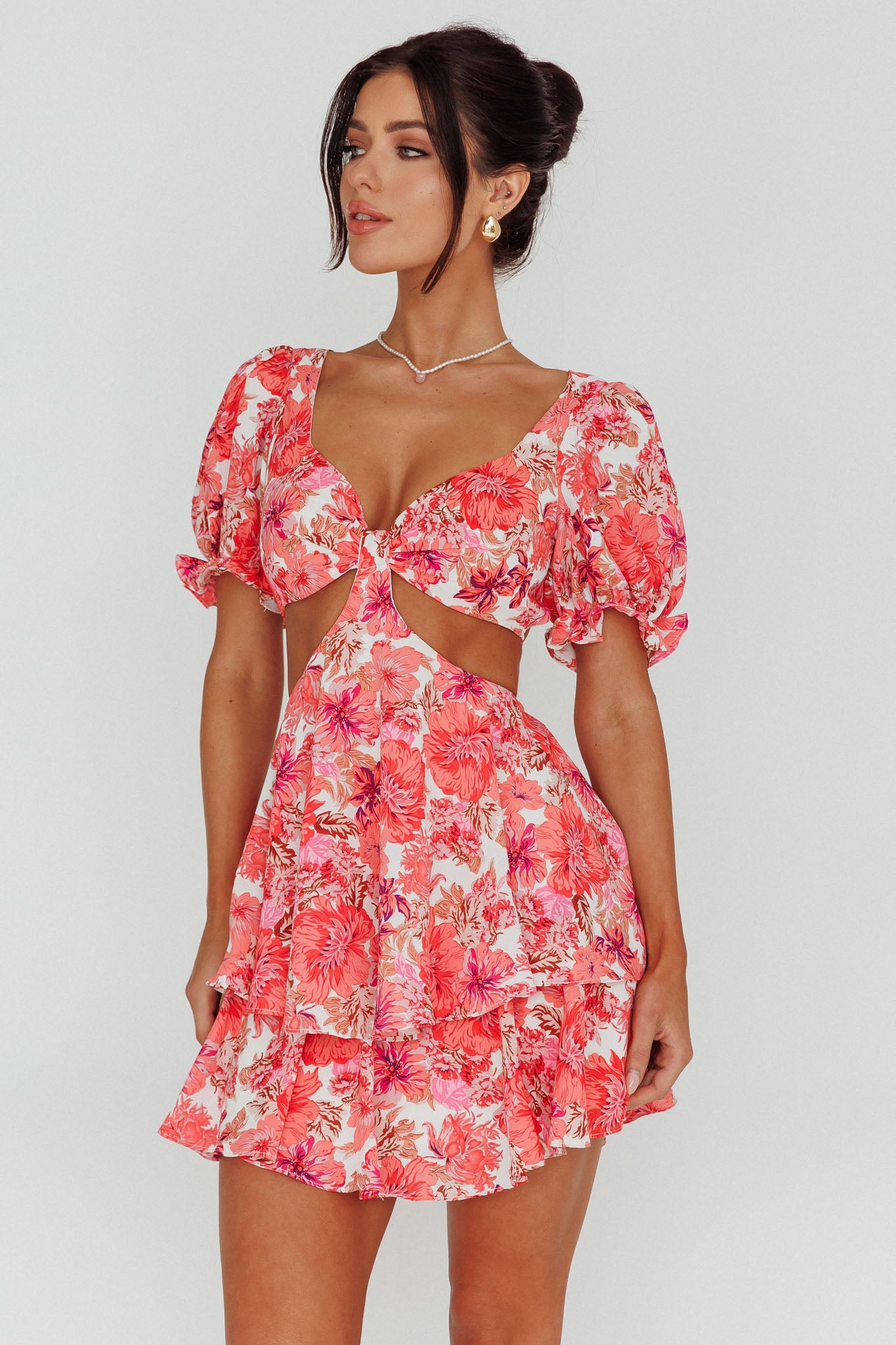 Orianthi Cut-Out Waist Mini Dress Floral Pink by Selfie Leslie Australia