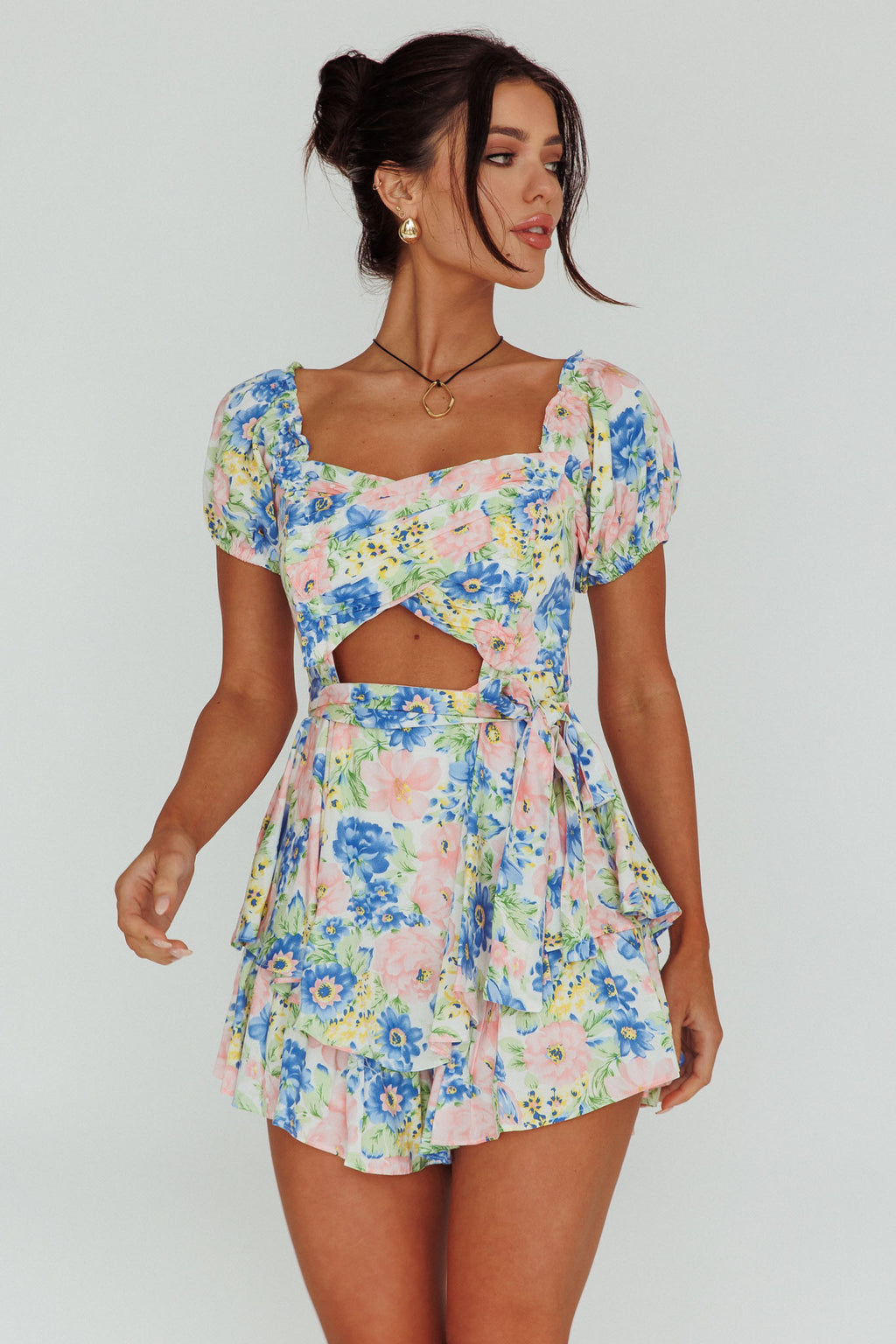 Whimsical Cut-out Bodice Romper Floral Blue by Selfie Leslie Australia