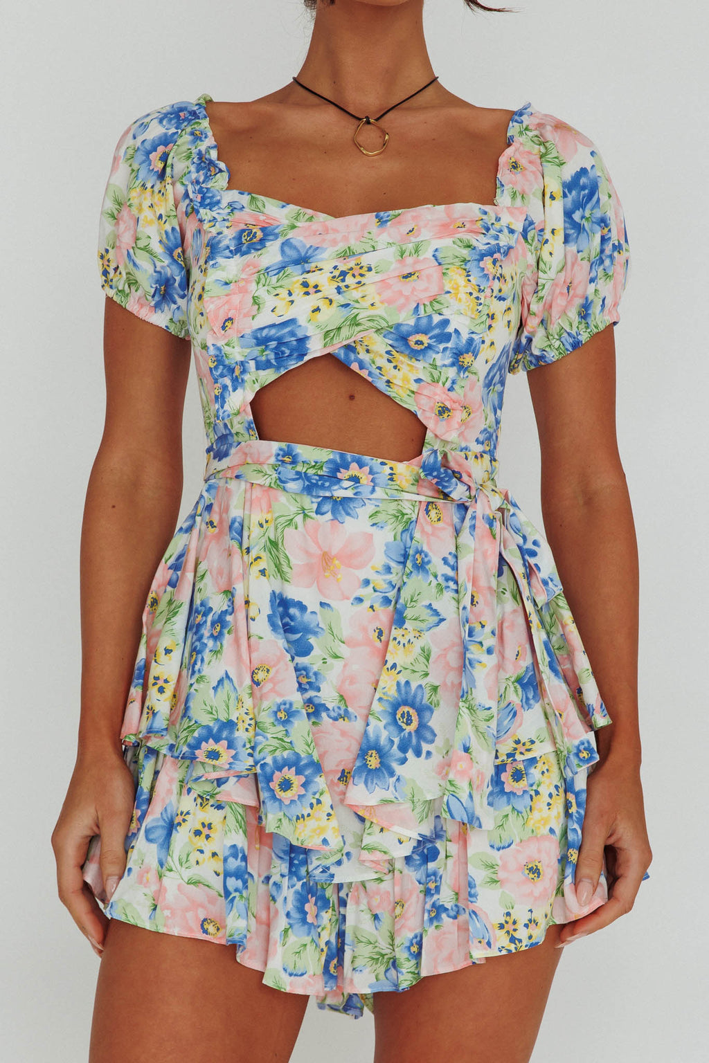 Whimsical Cut-out Bodice Romper Floral Blue by Selfie Leslie Australia