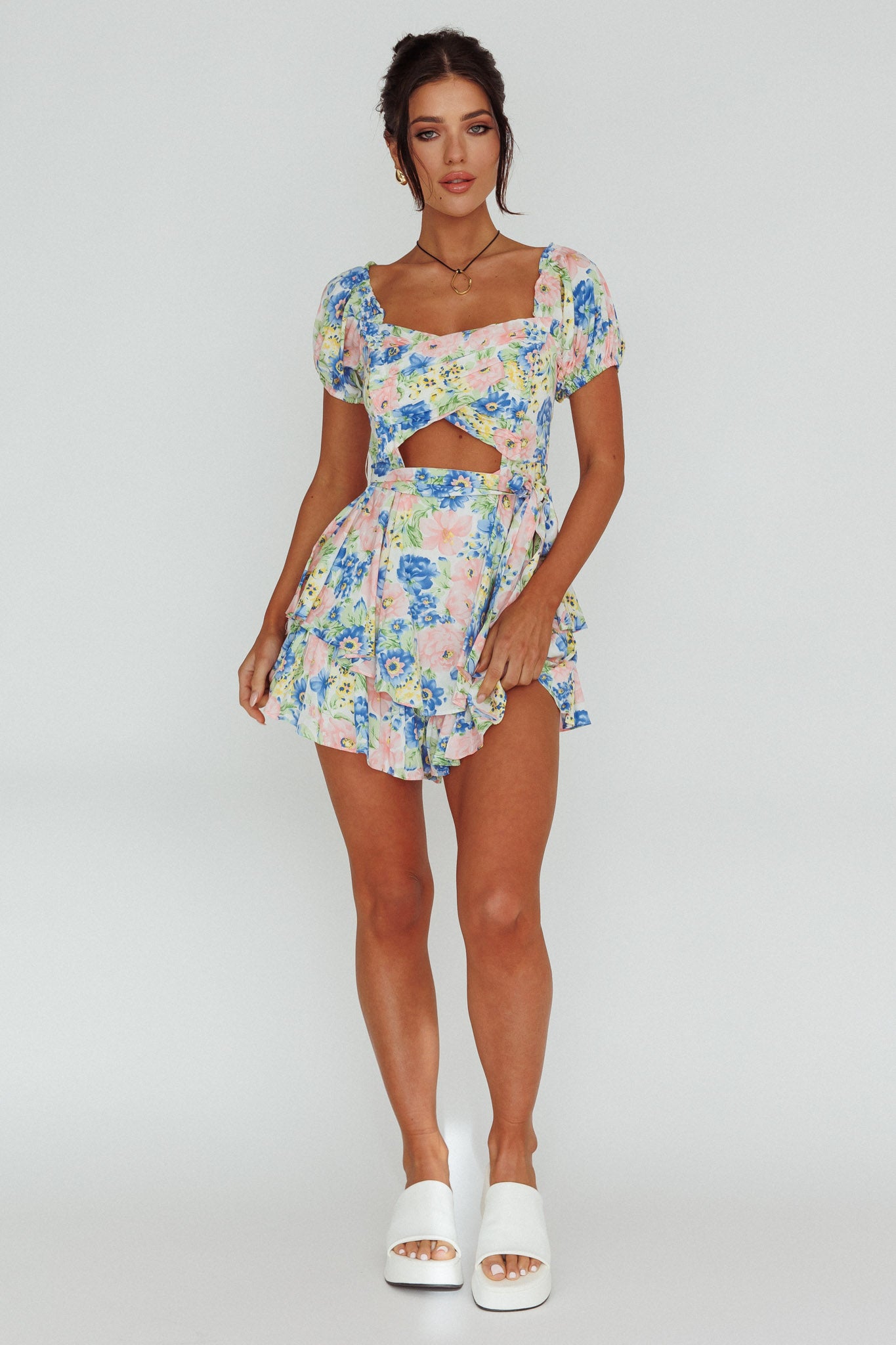 Whimsical Cut-out Bodice Romper Floral Blue by Selfie Leslie Australia