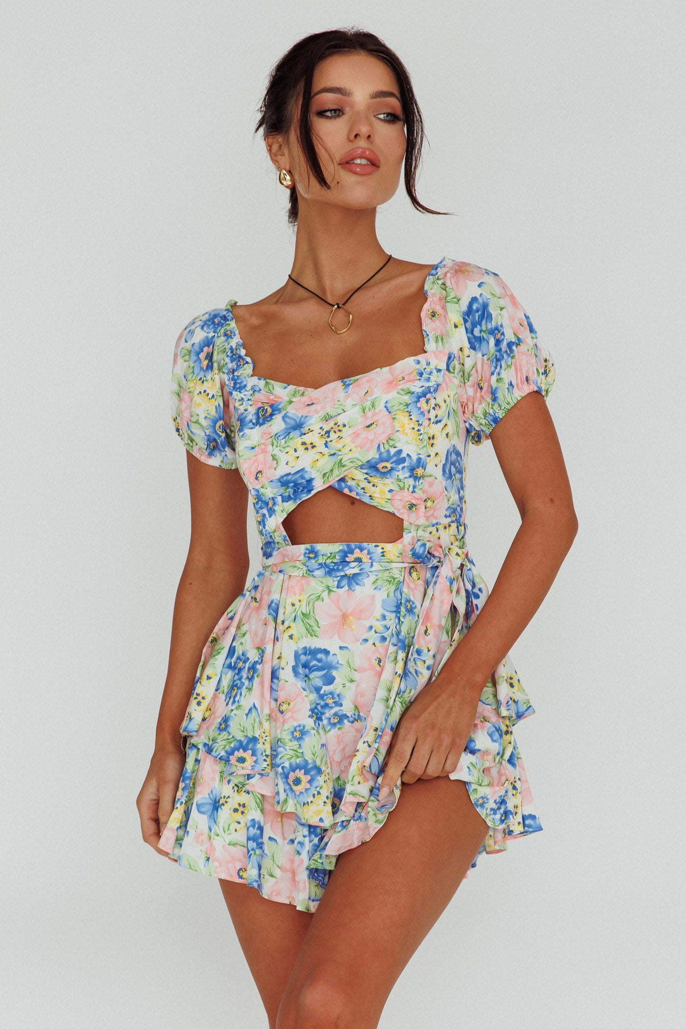 Whimsical Cut-out Bodice Romper Floral Blue by Selfie Leslie Australia