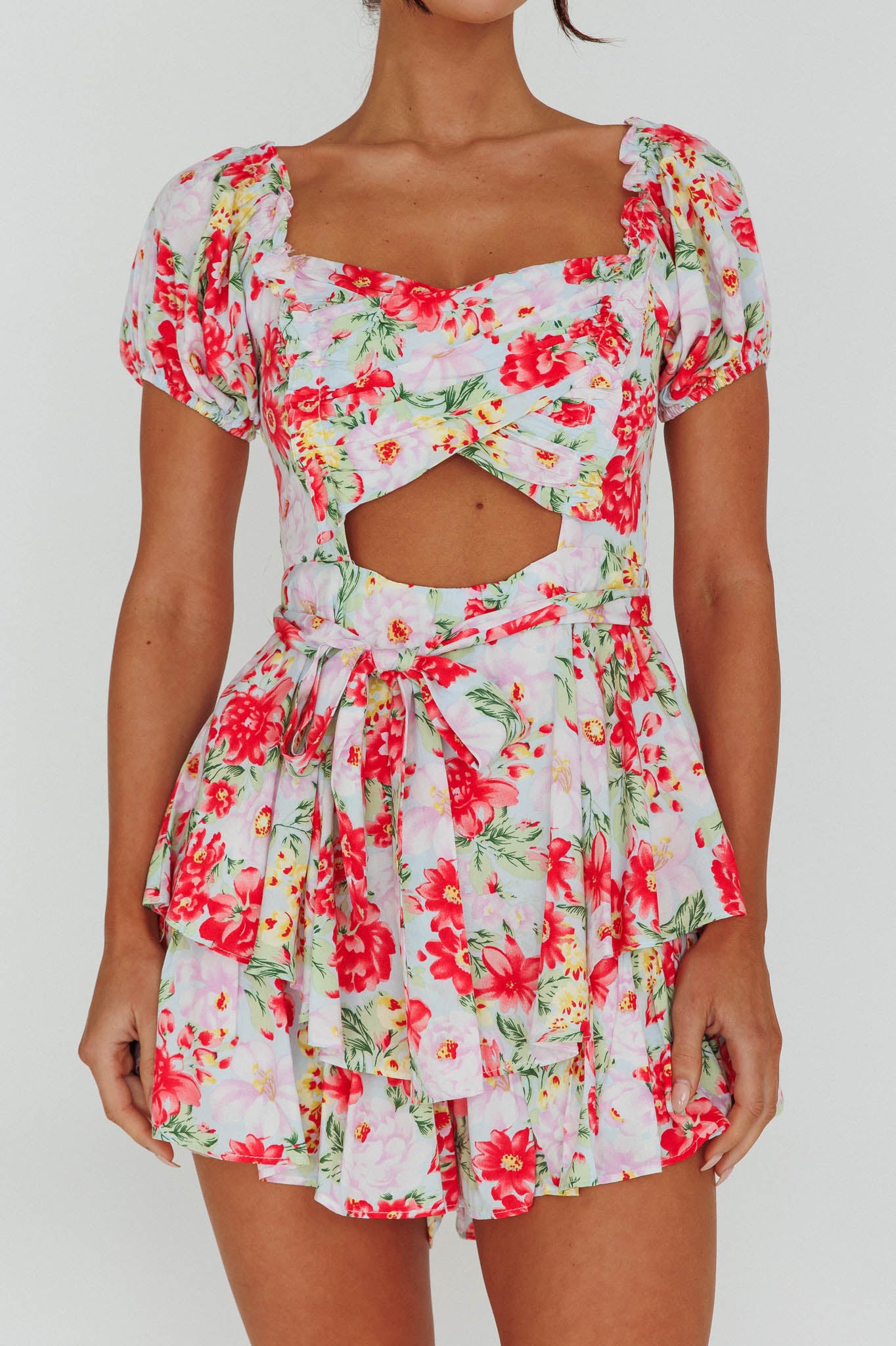 Whimsical Cut-out Bodice Romper Floral Pink by Selfie Leslie Australia
