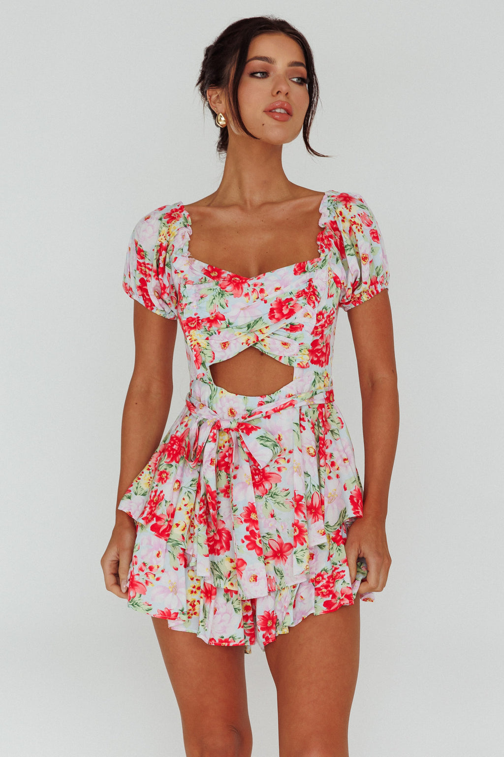 Whimsical Cut-out Bodice Romper Floral Pink by Selfie Leslie Australia