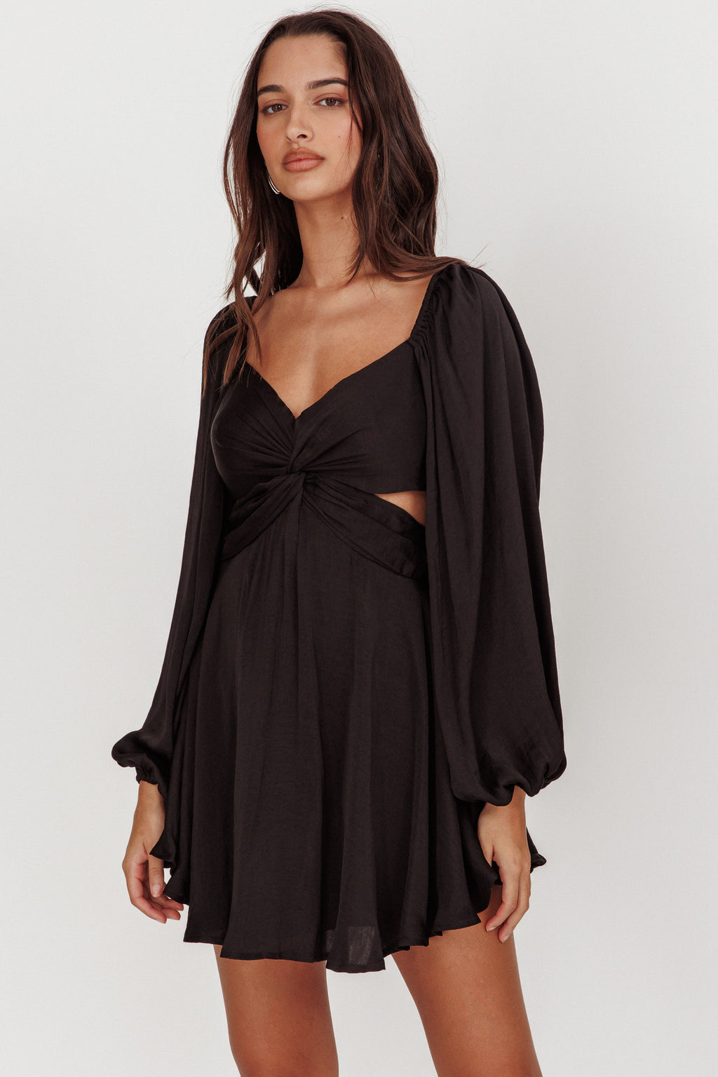 Miraya Balloon Sleeve Twist Mini Dress Black by Selfie Leslie Australia