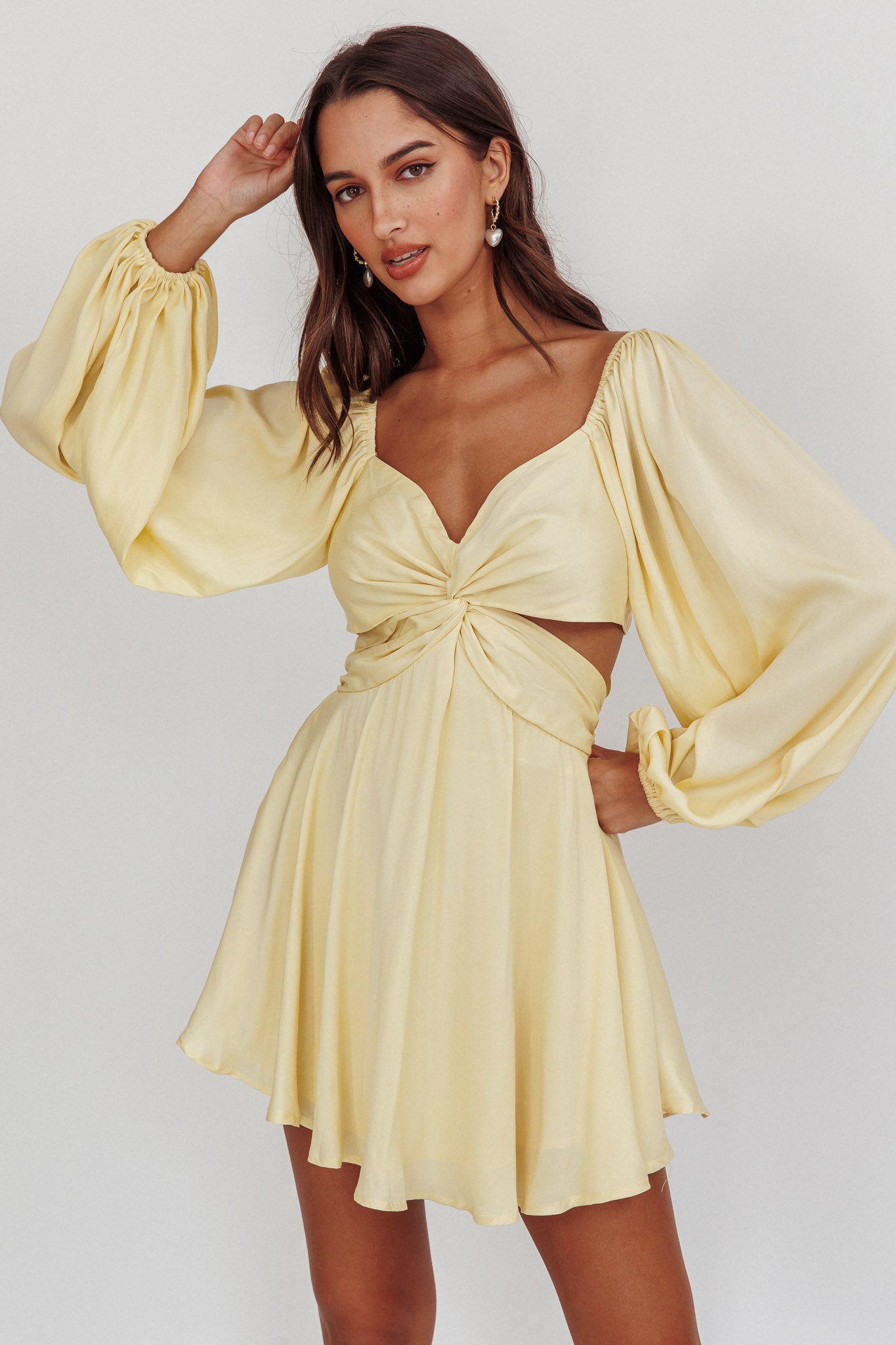 Miraya Balloon Sleeve Twist Mini Dress Butter by Selfie Leslie Australia