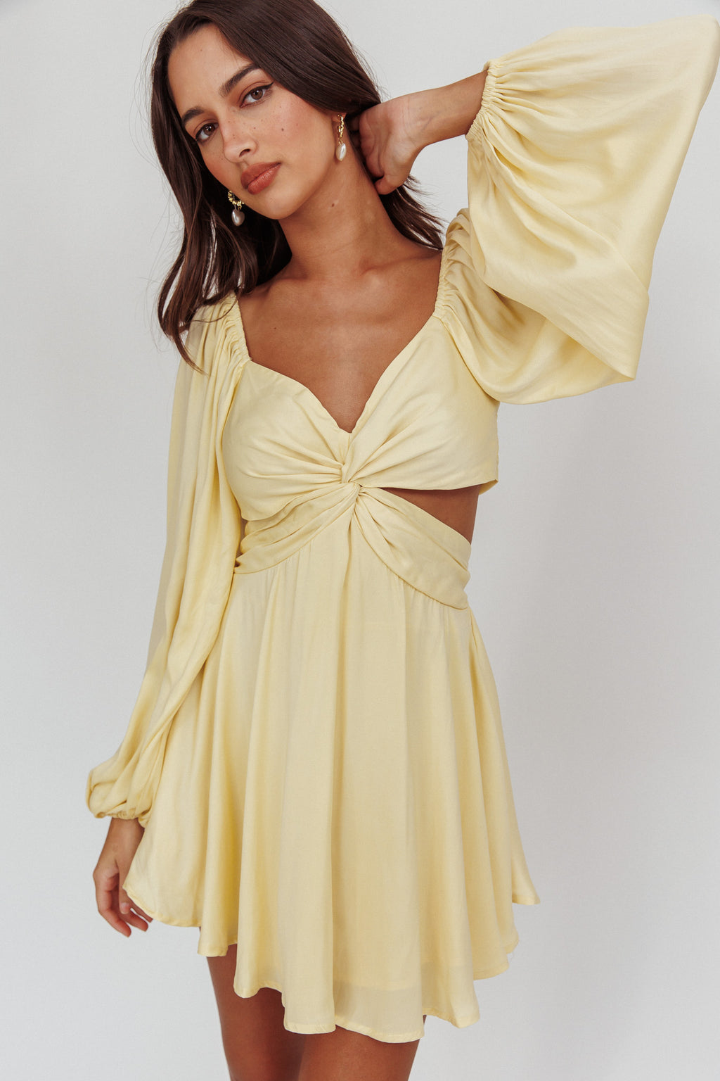 Miraya Balloon Sleeve Twist Mini Dress Butter by Selfie Leslie Australia