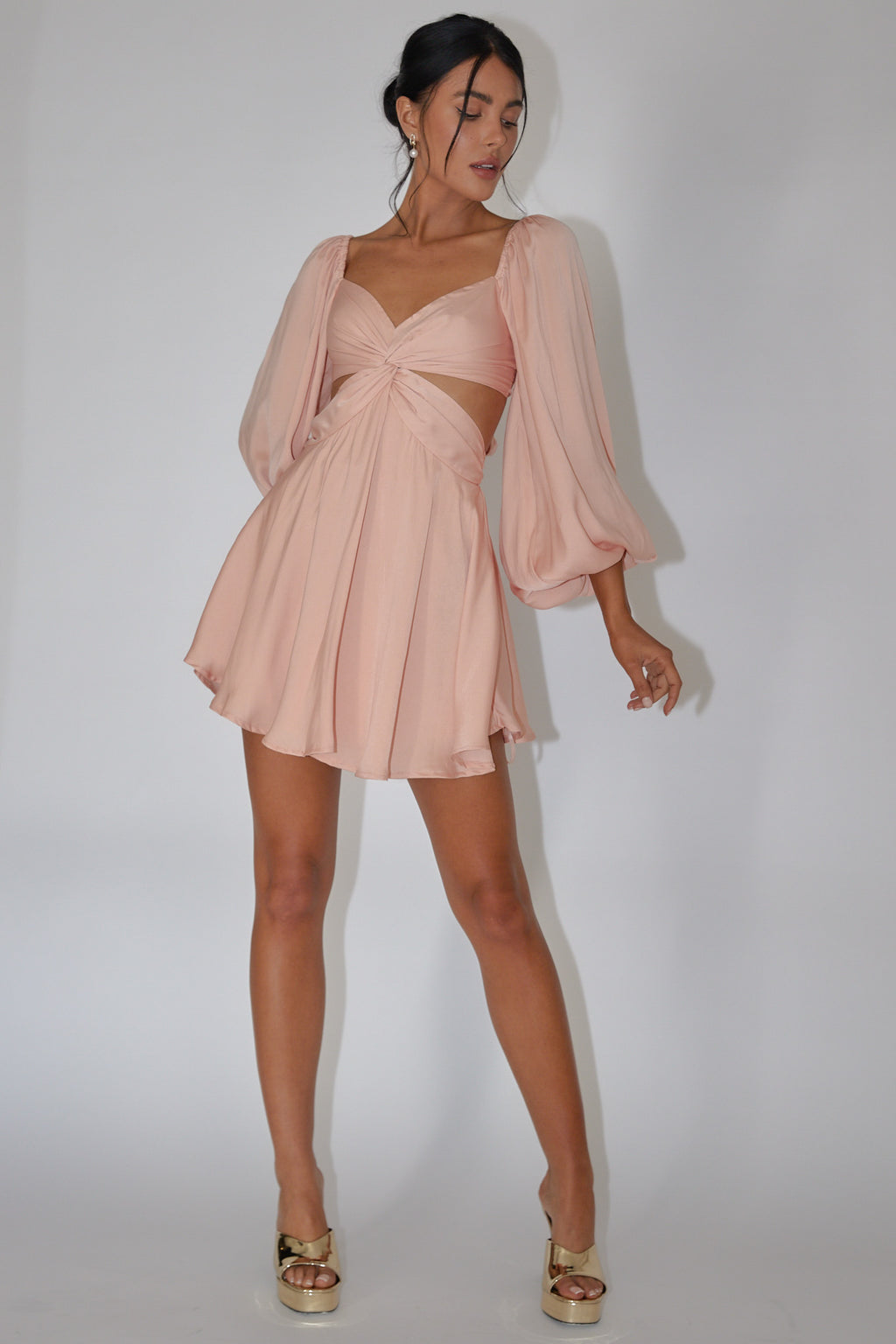 Miraya Balloon Sleeve Twist Mini Dress Peach by Selfie Leslie Australia