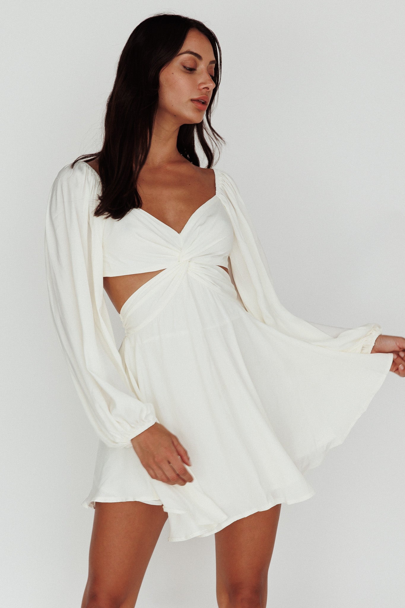 Miraya Balloon Sleeve Twist Mini Dress White by Selfie Leslie Australia