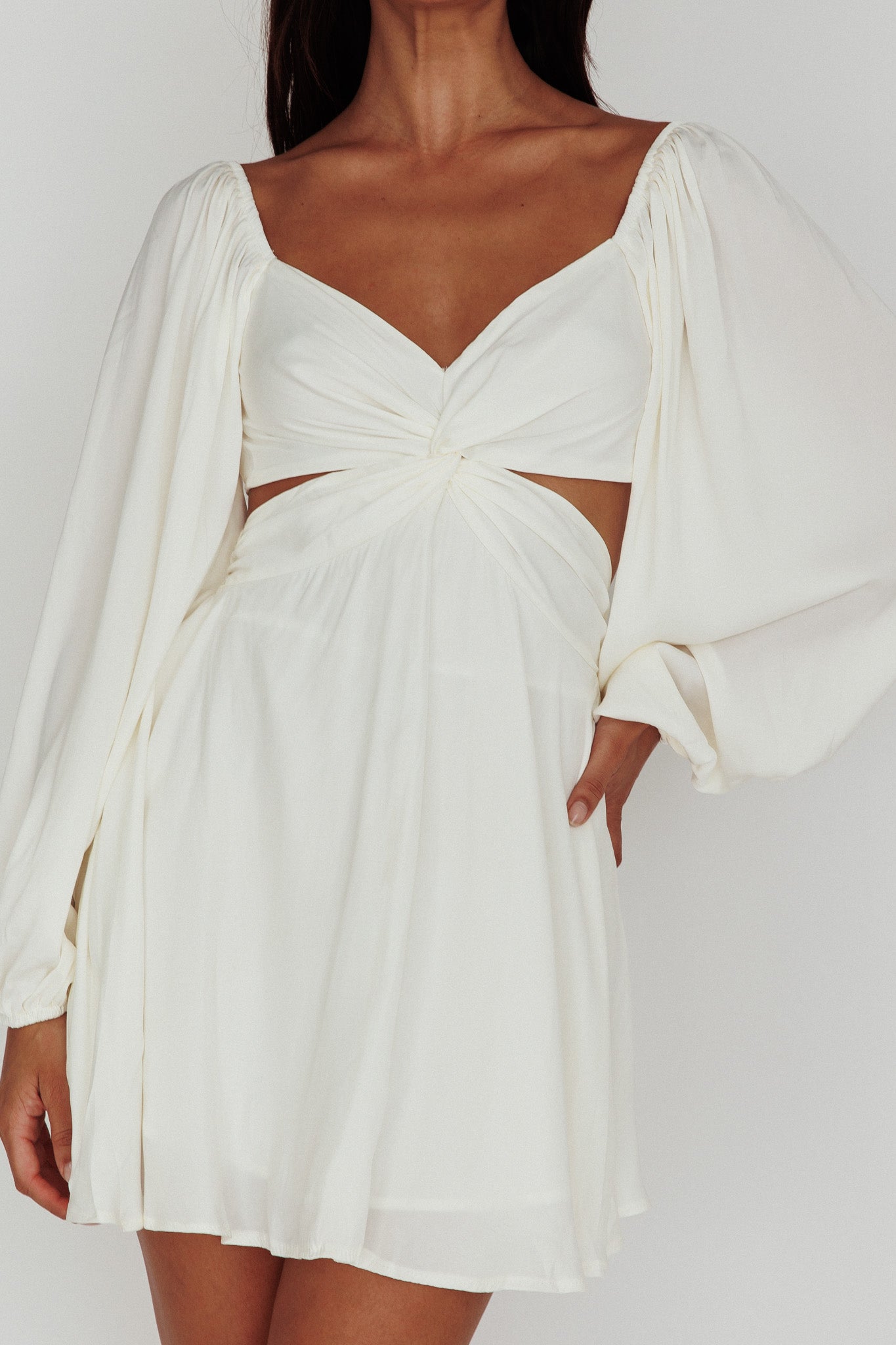 Miraya Balloon Sleeve Twist Mini Dress White by Selfie Leslie Australia