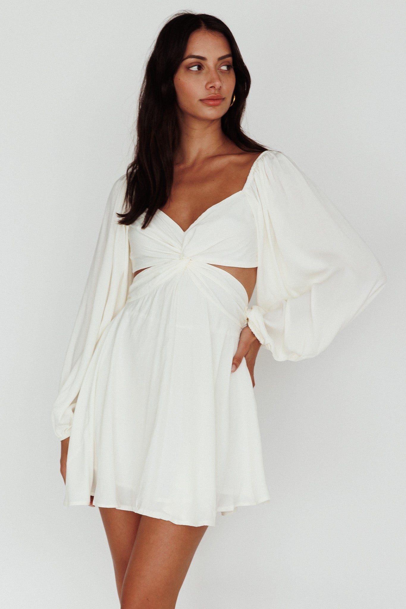 Miraya Balloon Sleeve Twist Mini Dress White by Selfie Leslie Australia