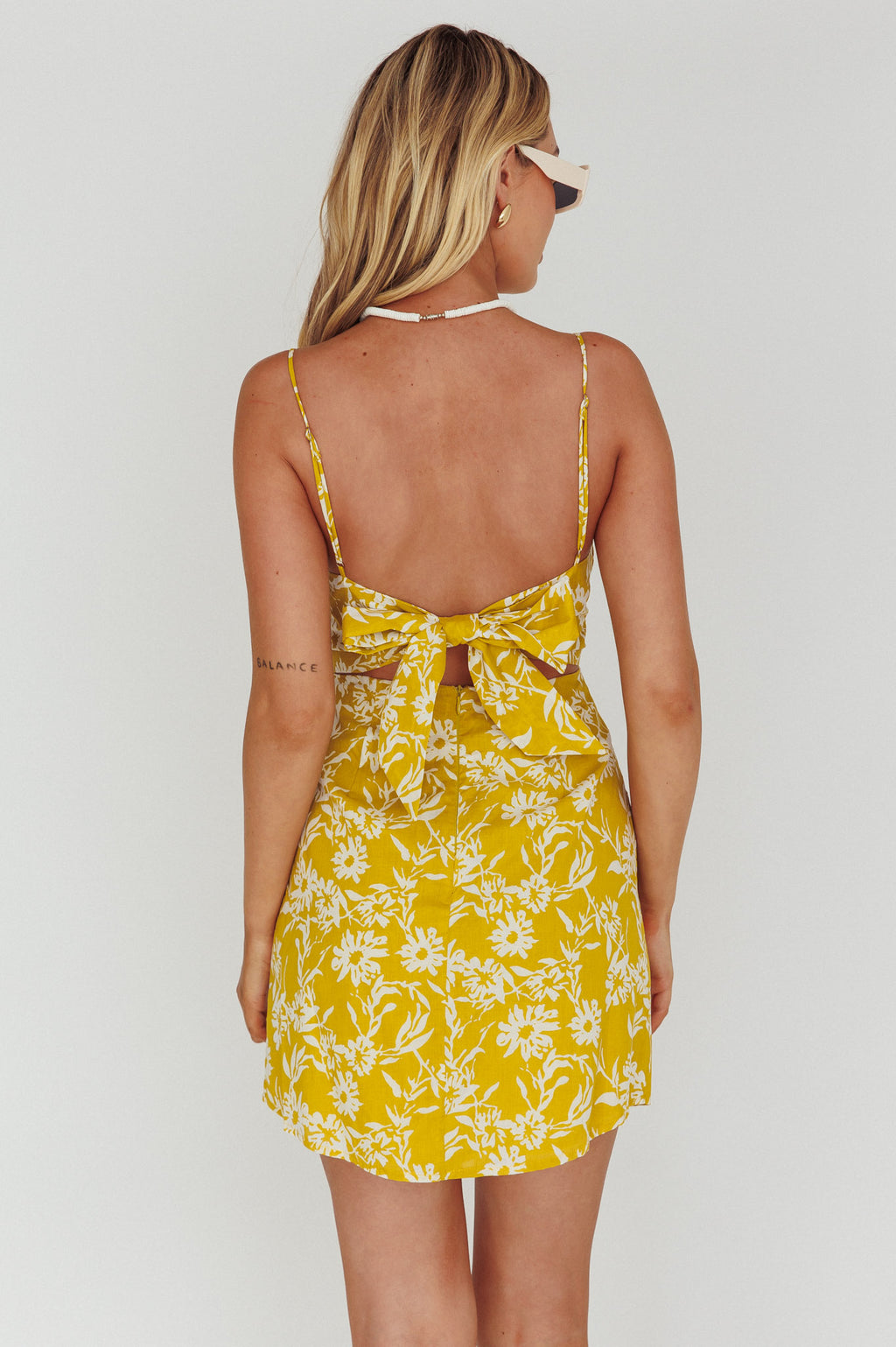 Inana Tied Back Mini Dress Floral Yellow by Selfie Leslie Australia