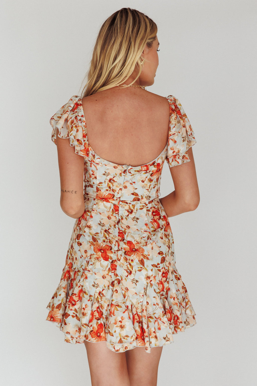 Diandre Godet Hem Mini Dress Floral Orange by Selfie Leslie Australia