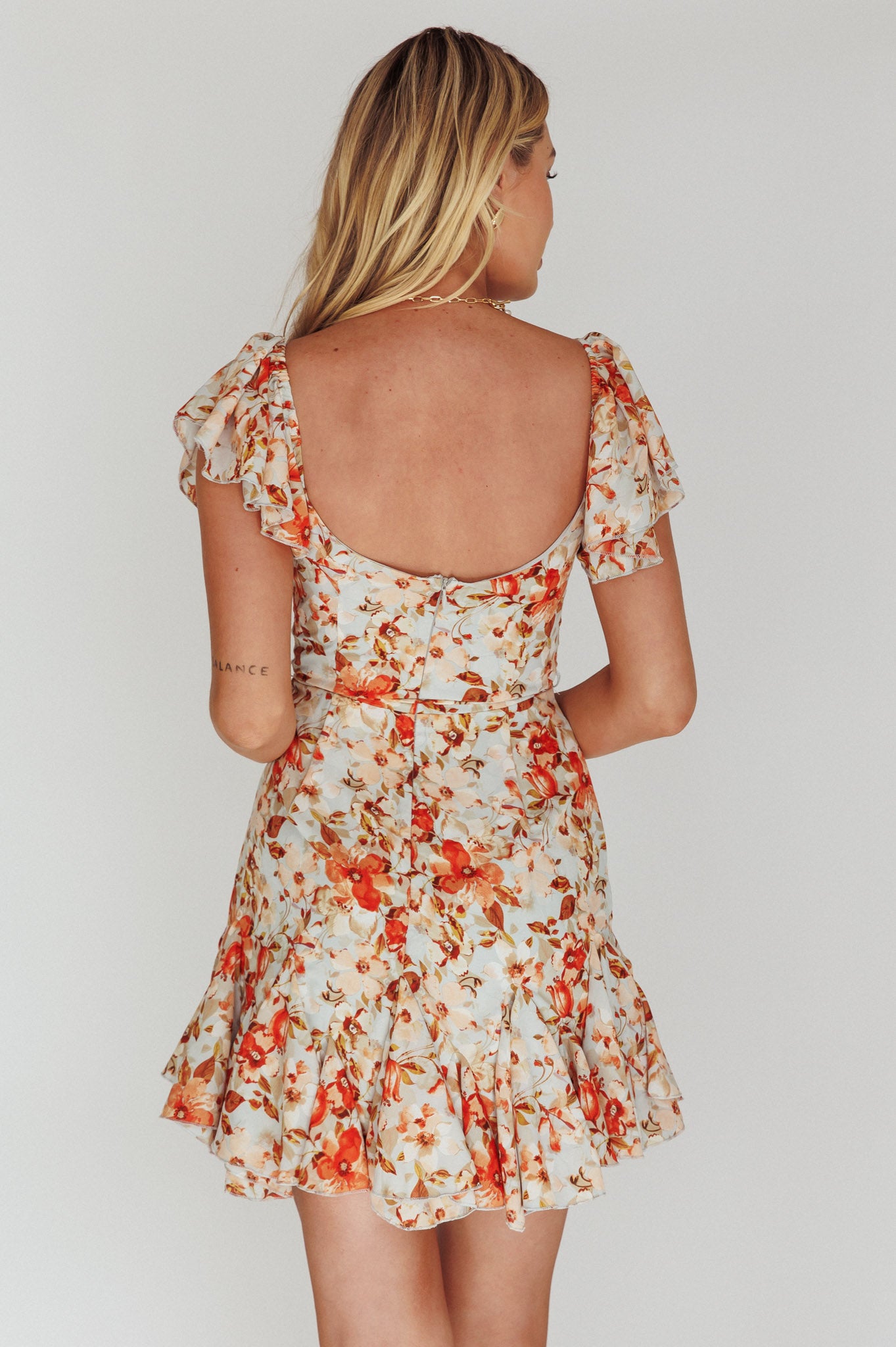 Diandre Godet Hem Mini Dress Floral Orange by Selfie Leslie Australia