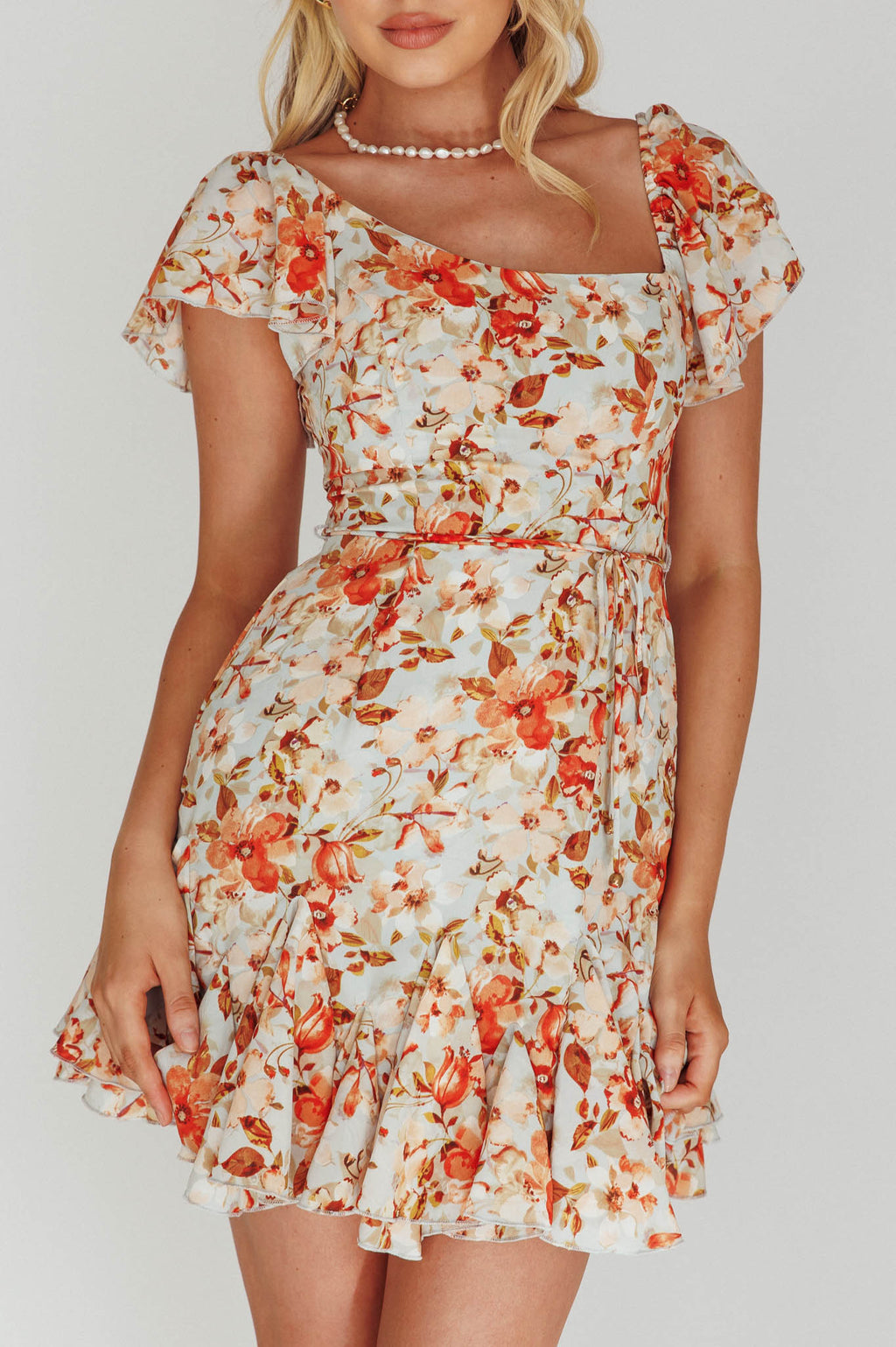 Diandre Godet Hem Mini Dress Floral Orange by Selfie Leslie Australia