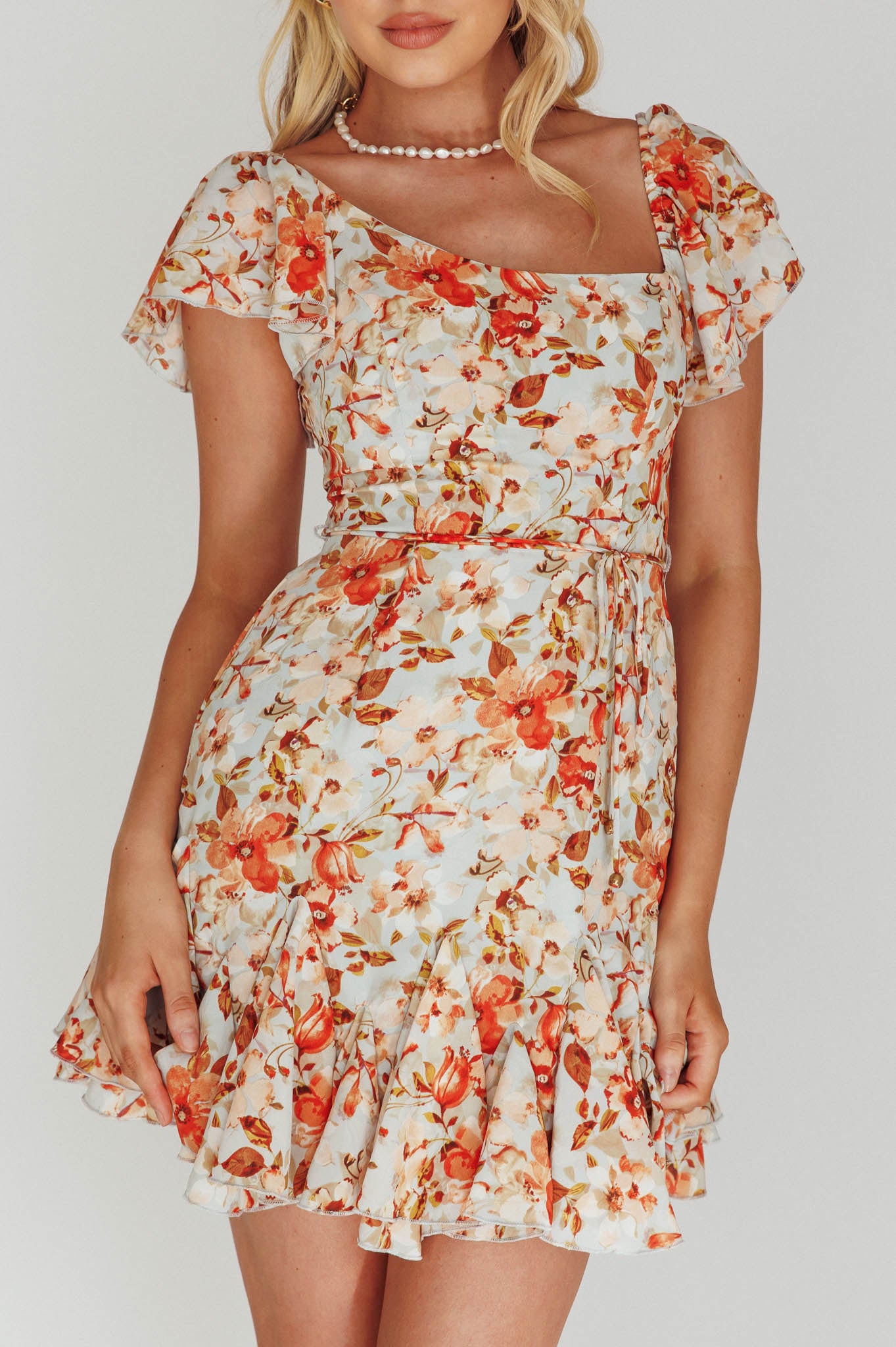 Diandre Godet Hem Mini Dress Floral Orange by Selfie Leslie Australia