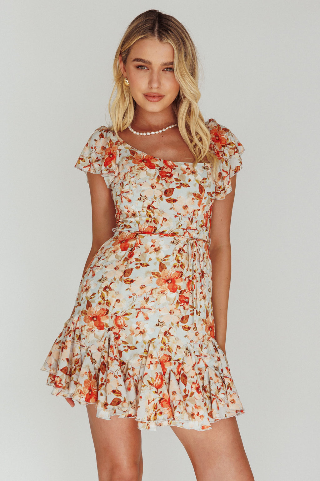 Diandre Godet Hem Mini Dress Floral Orange by Selfie Leslie Australia