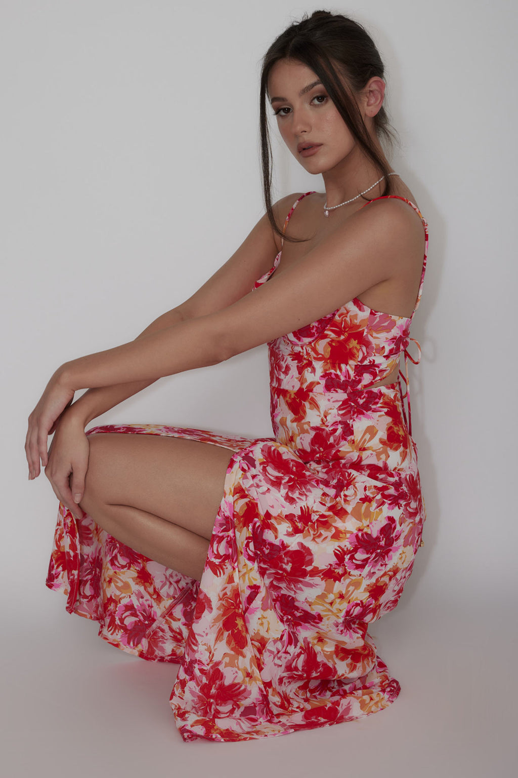 Galilea Tied Back Midi Dress Floral Red by Selfie Leslie Australia