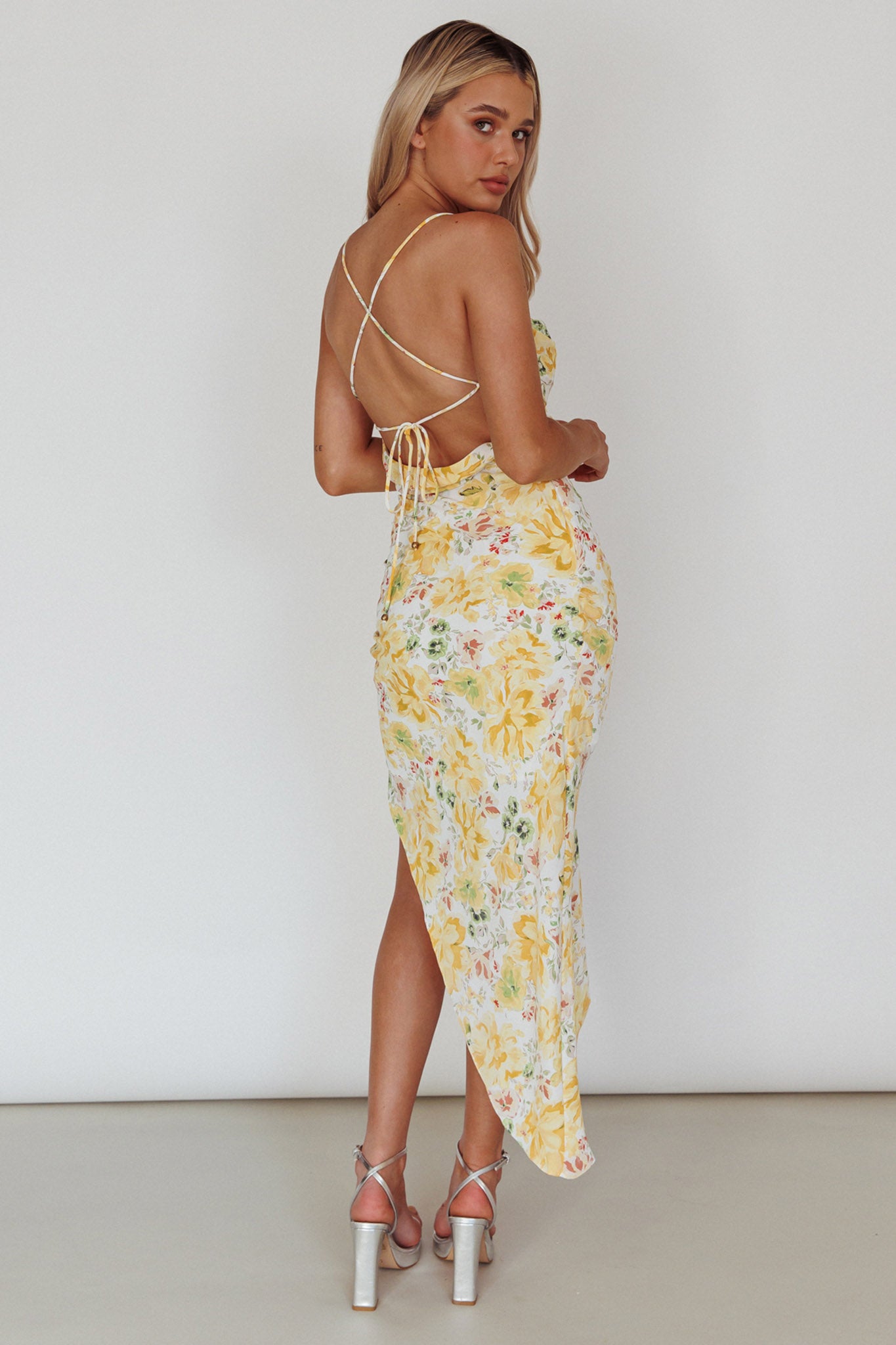 Klara Thigh Split Midi Dress Floral Yellow by Selfie Leslie Australia