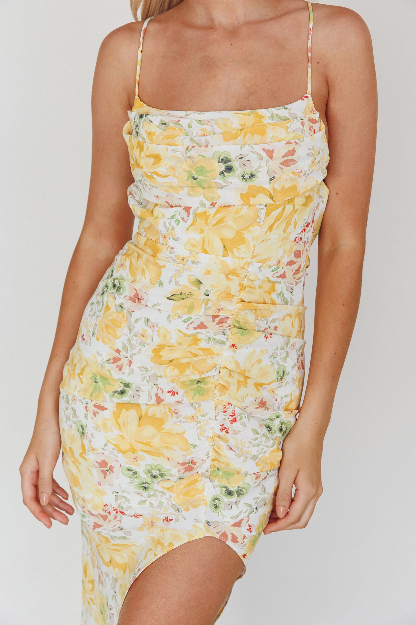 Klara Thigh Split Midi Dress Floral Yellow by Selfie Leslie Australia