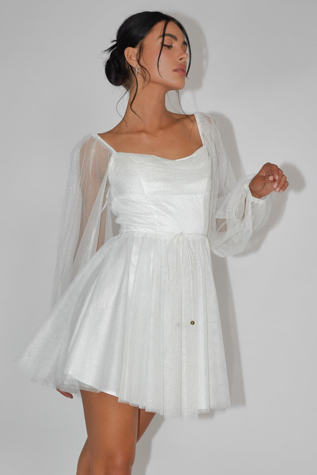Fairytale Dream Pleat Neckline Mini Dress Sparkle White/Gold by Selfie Leslie Australia