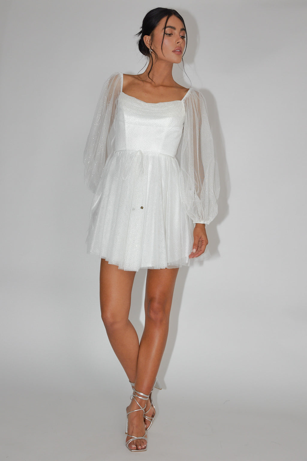Fairytale Dream Pleat Neckline Mini Dress Sparkle White/Gold by Selfie Leslie Australia