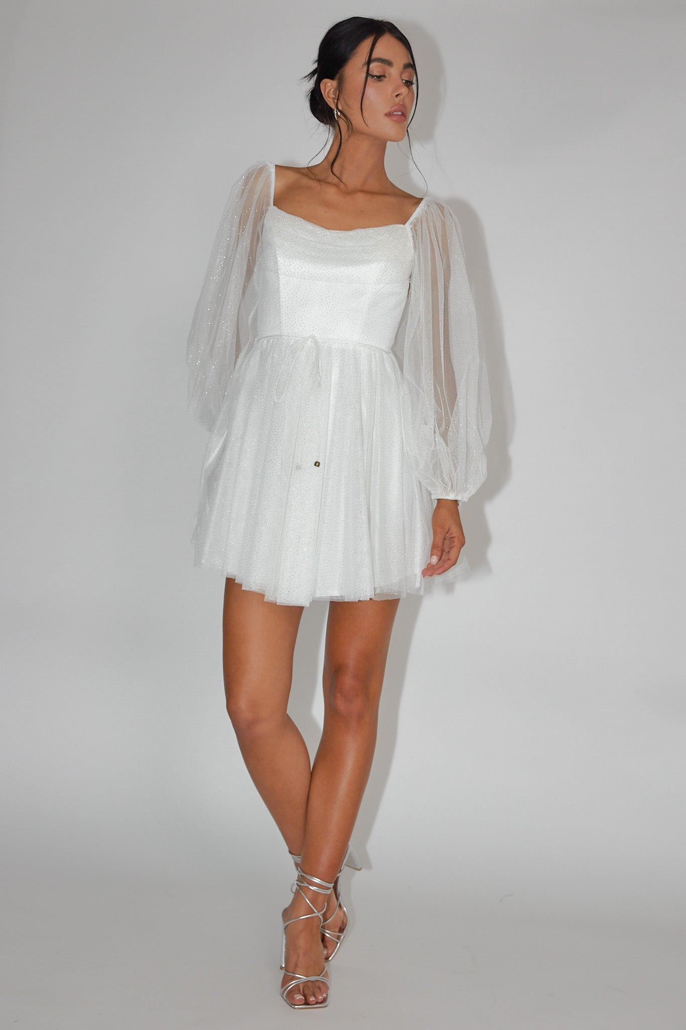 Fairytale Dream Pleat Neckline Mini Dress Sparkle White/Gold by Selfie Leslie Australia