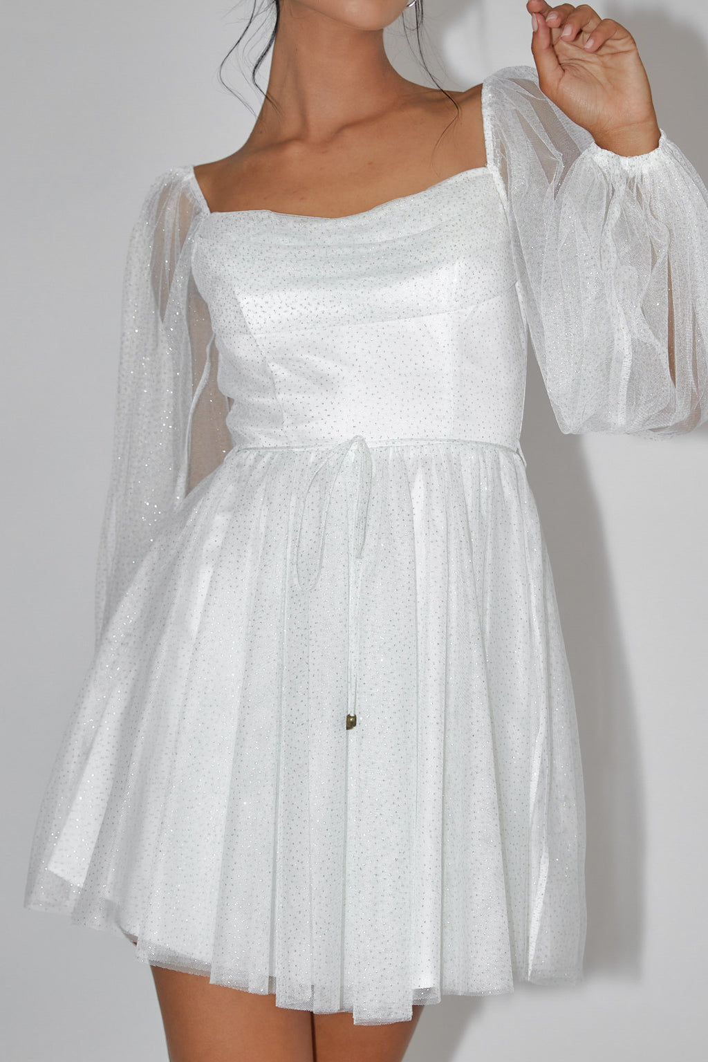 Fairytale Dream Pleat Neckline Mini Dress Sparkle White/Gold by Selfie Leslie Australia