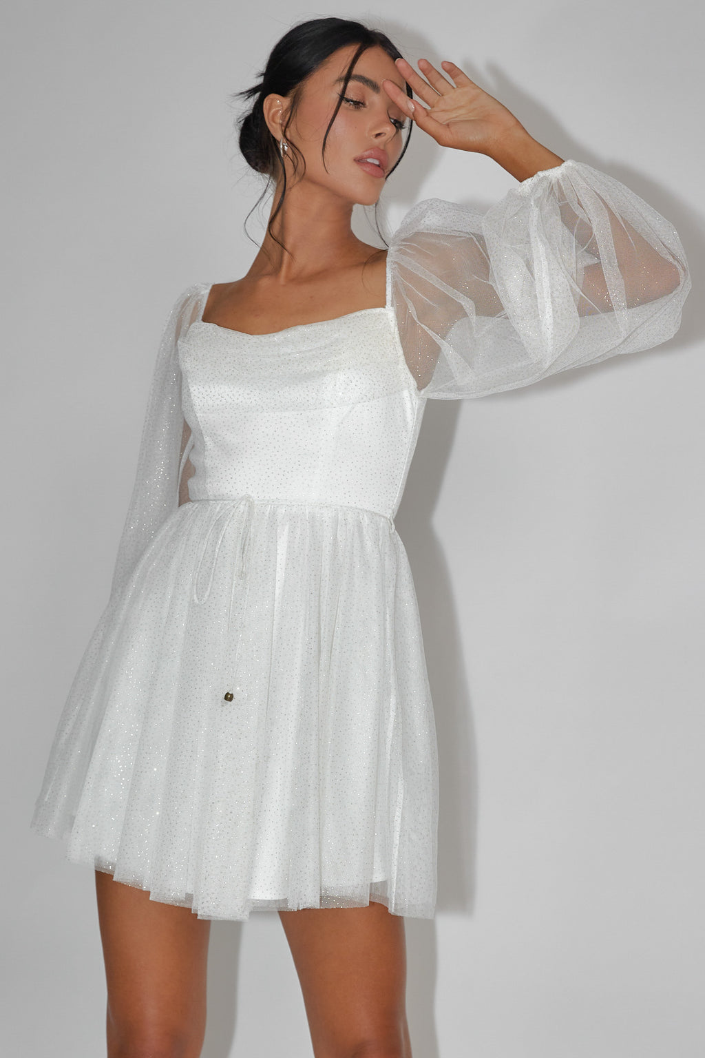 Fairytale Dream Pleat Neckline Mini Dress Sparkle White/Gold by Selfie Leslie Australia