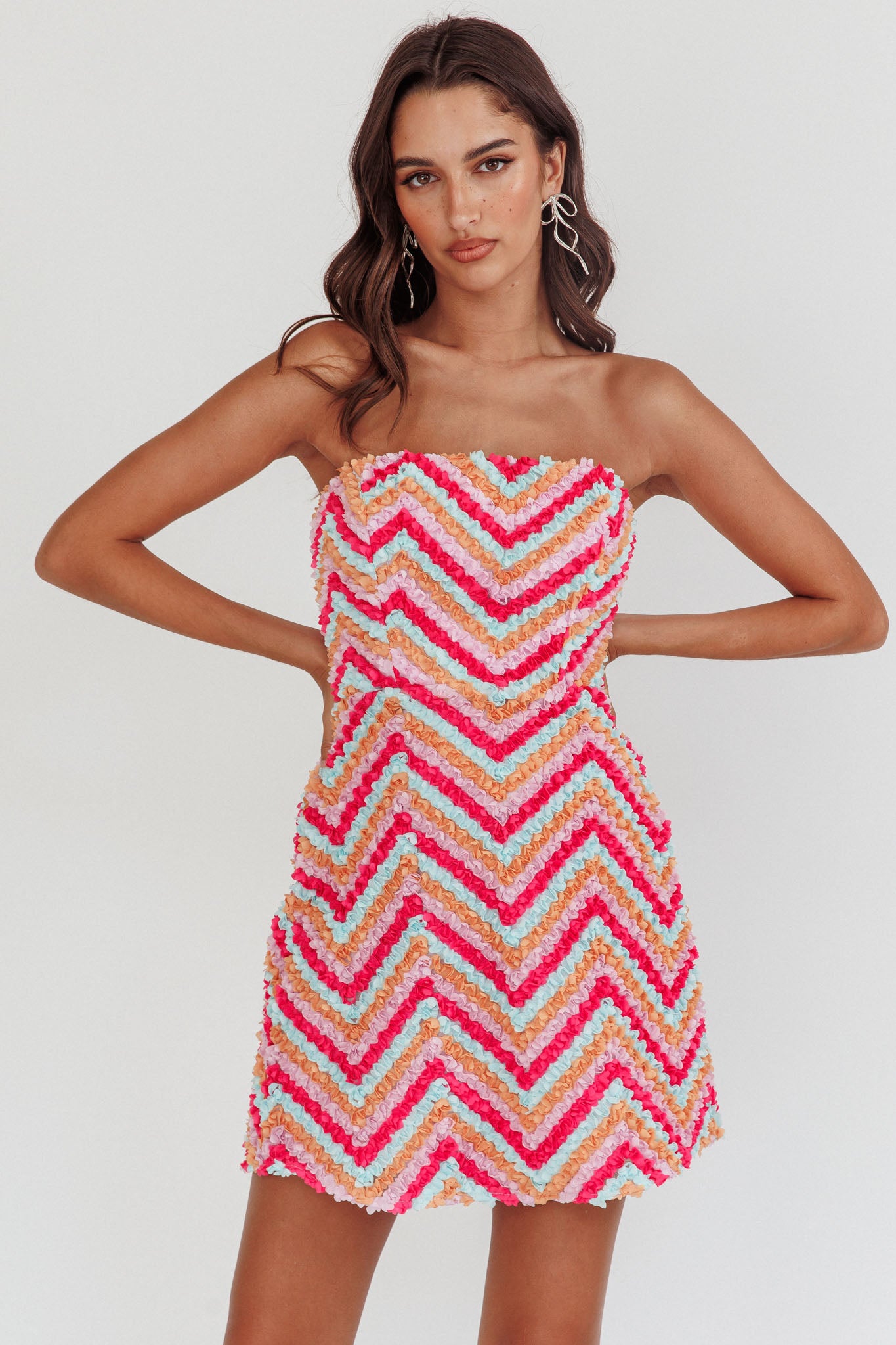 In Paris Embellished Chevron Mini Dress Fuchsia by Selfie Leslie Australia