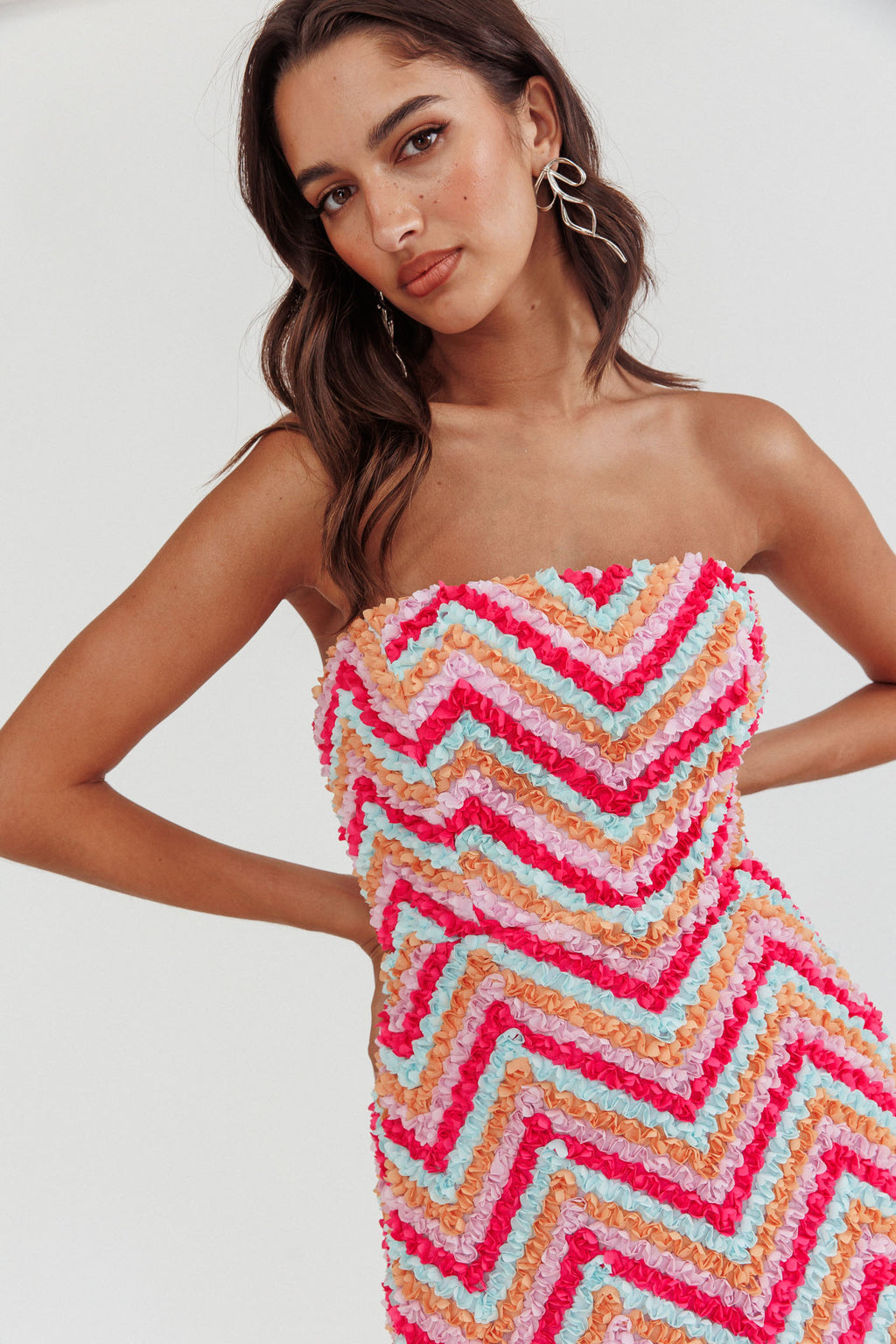In Paris Embellished Chevron Mini Dress Fuchsia by Selfie Leslie Australia