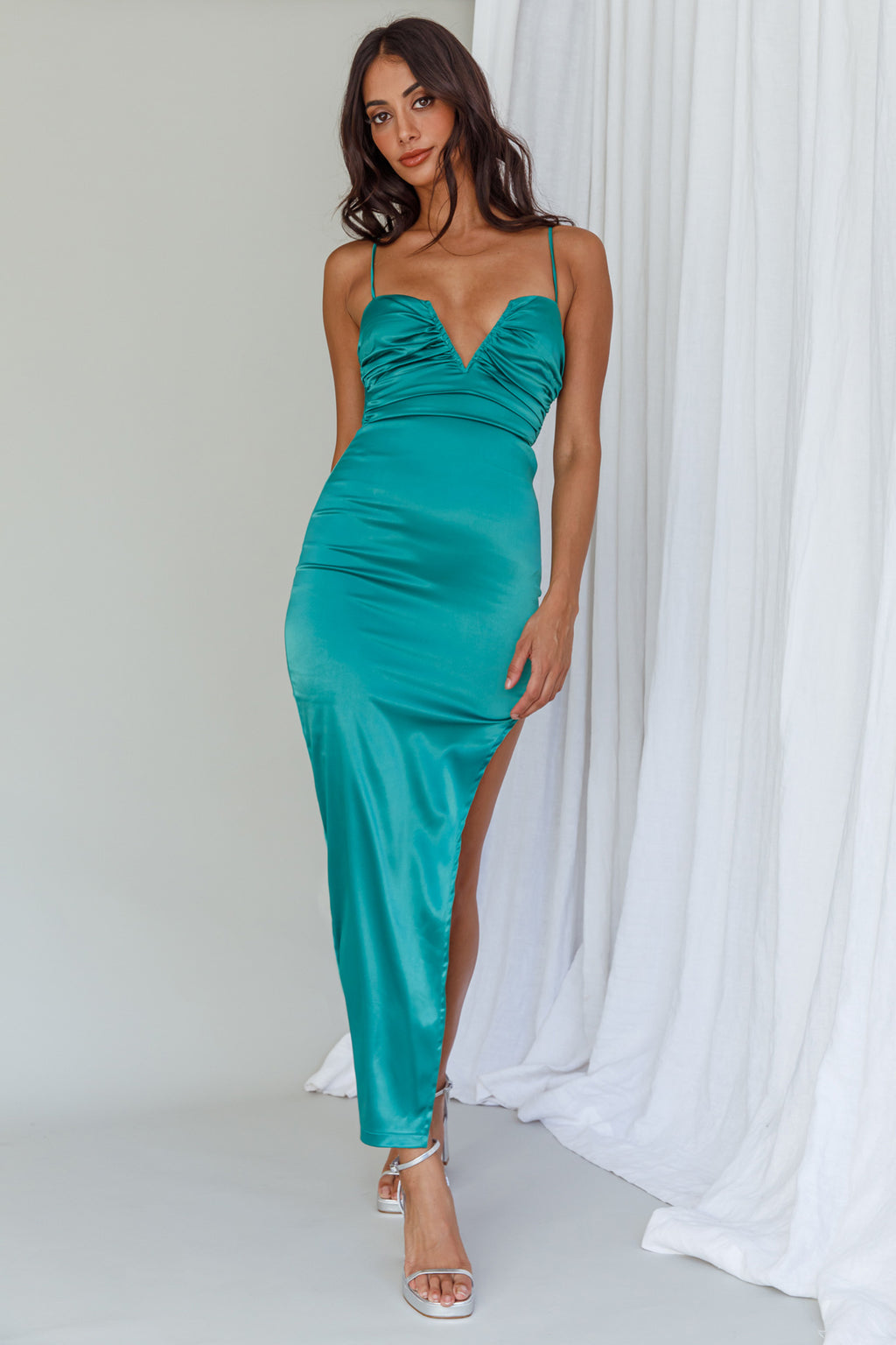 Dancing In September Thigh Split Dress Green by Selfie Leslie Australia