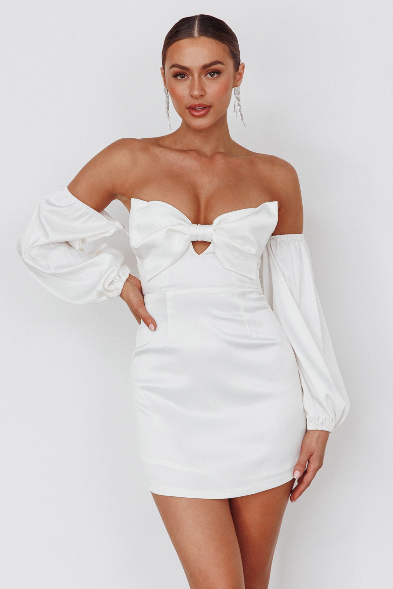 Lilly Off-Shoulder Bow Mini Dress White by Selfie Leslie Australia