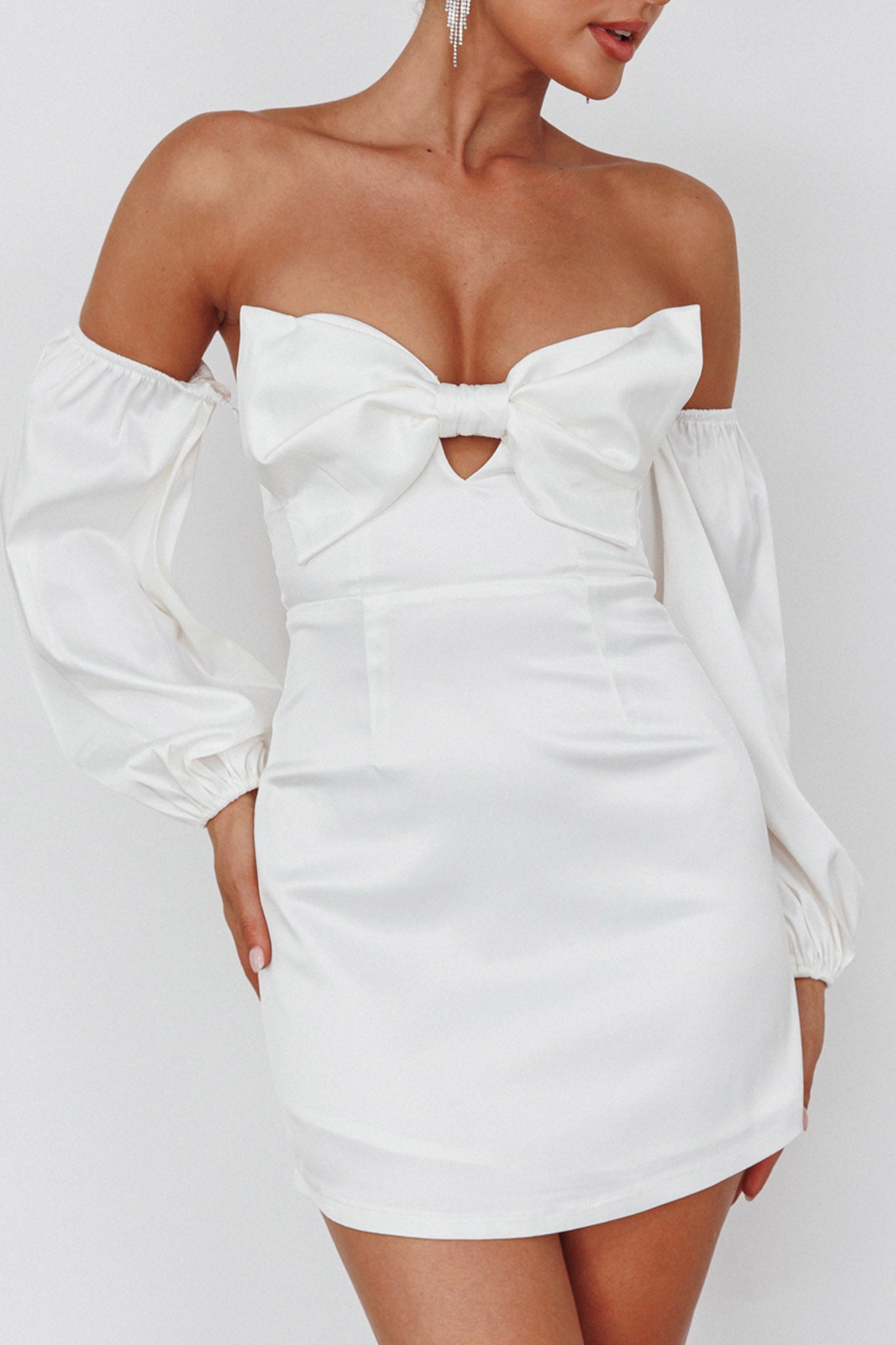 Lilly Off-Shoulder Bow Mini Dress White by Selfie Leslie Australia