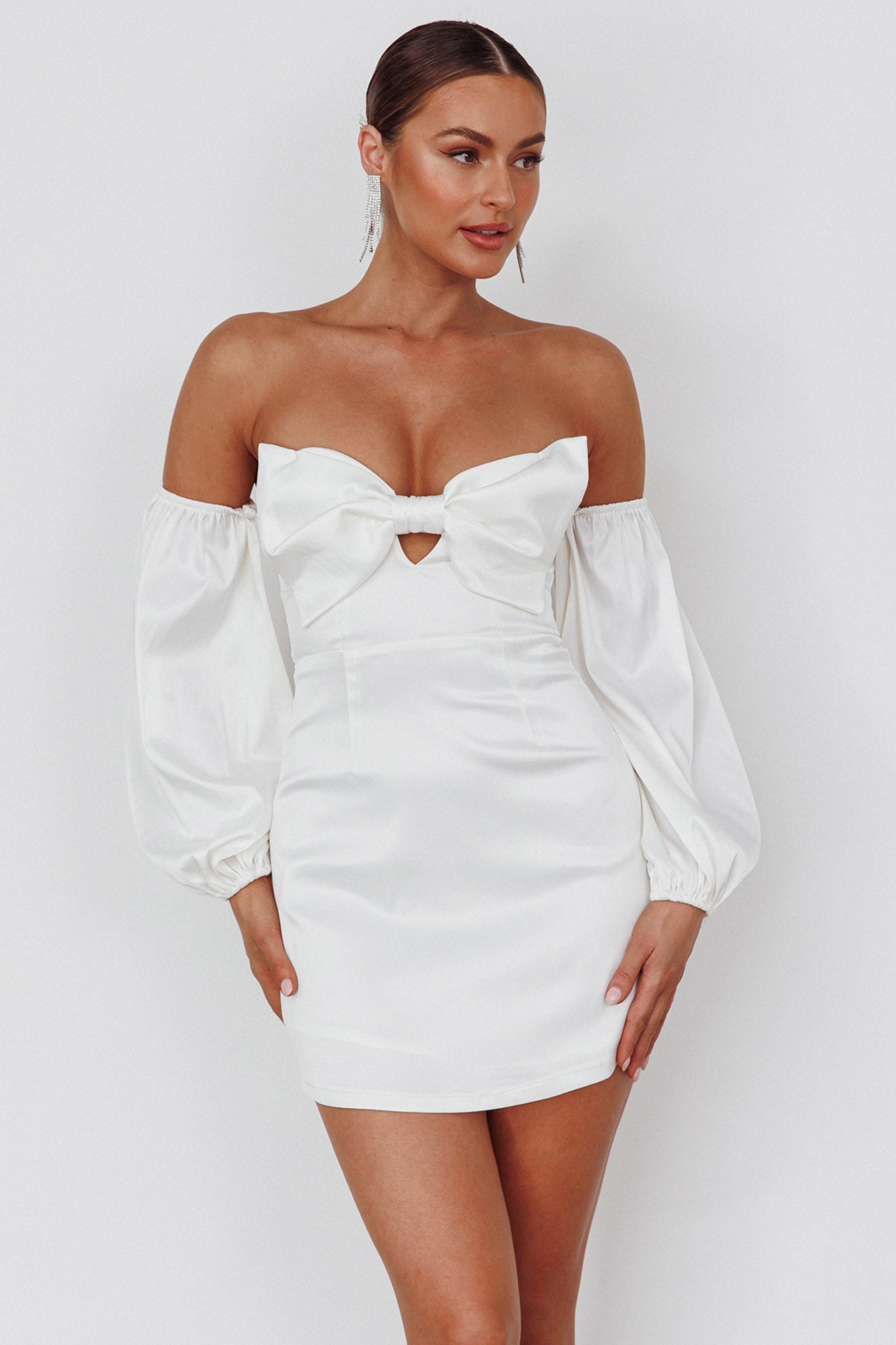 Lilly Off-Shoulder Bow Mini Dress White by Selfie Leslie Australia