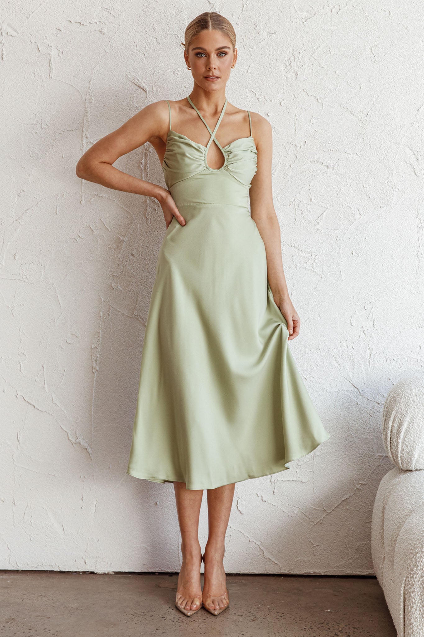Emmalie Satin Midi Dress Sage by Selfie Leslie Australia