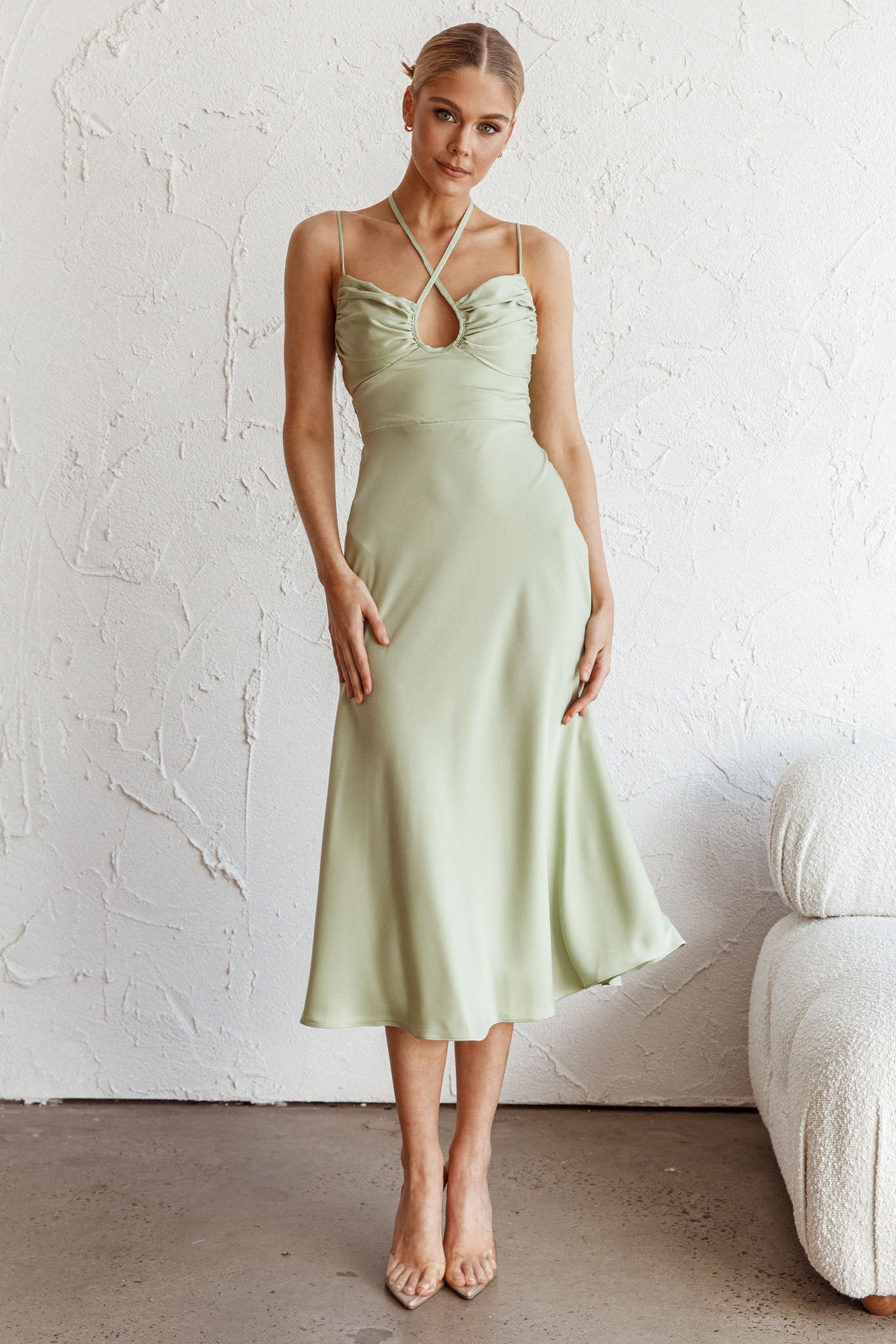 Emmalie Satin Midi Dress Sage by Selfie Leslie Australia