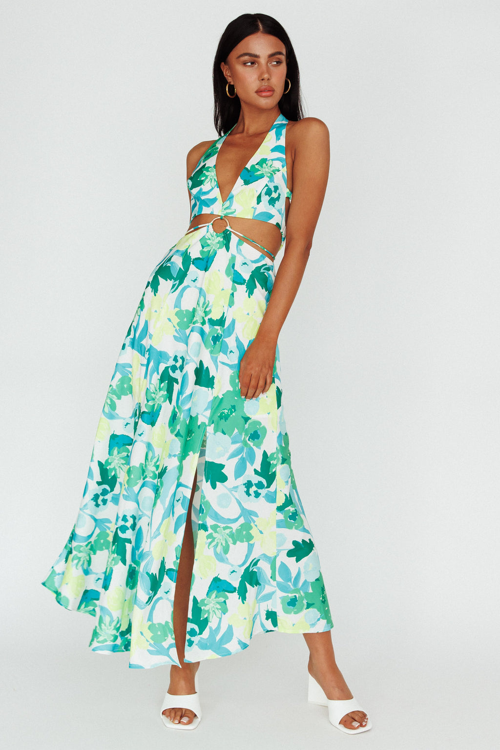Tuscan Summers Cut-Out Midi Dress Floral Green by Selfie Leslie Australia