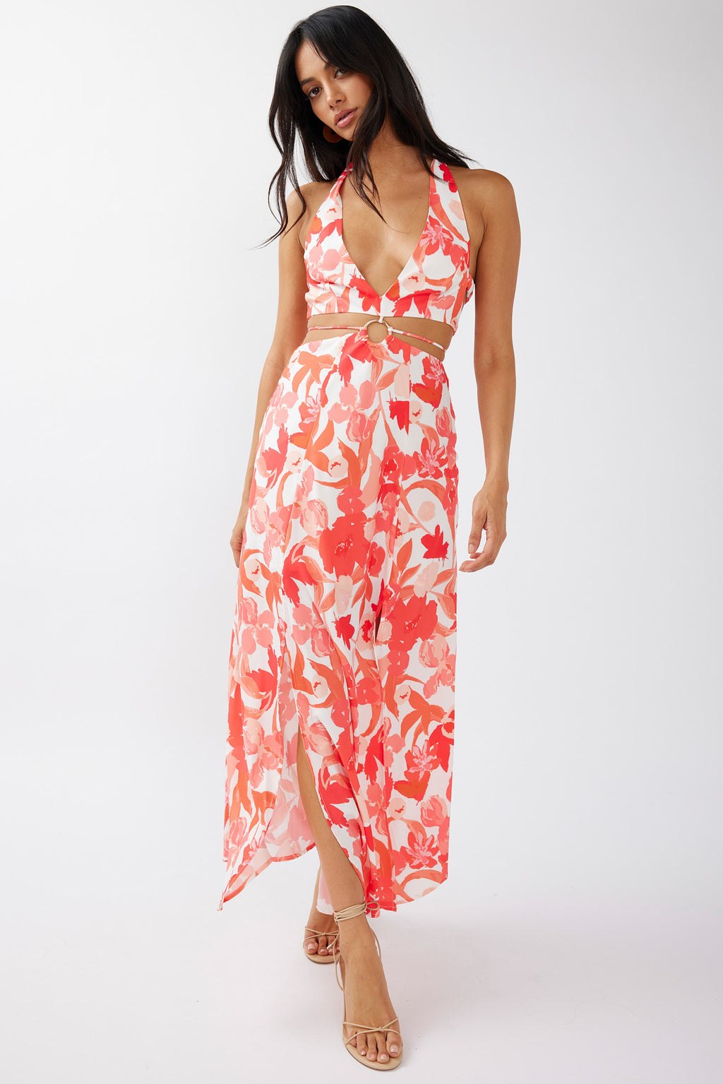 Tuscan Summers Cut-Out Midi Dress Floral Red by Selfie Leslie Australia