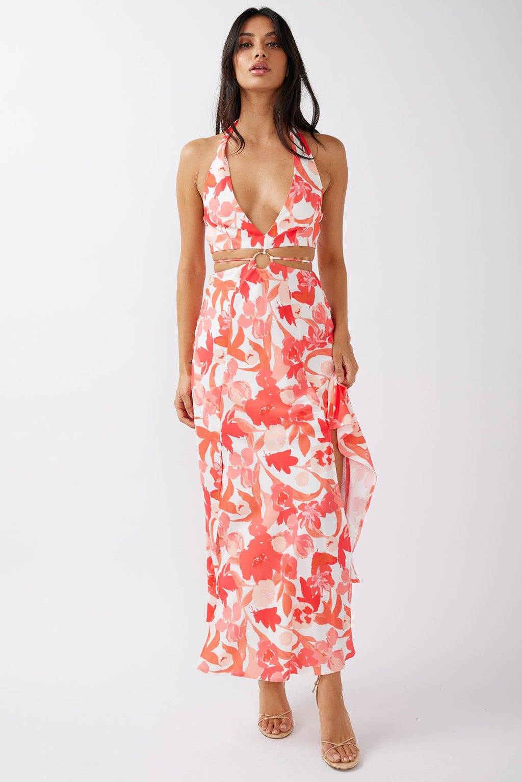 Tuscan Summers Cut-Out Midi Dress Floral Red by Selfie Leslie Australia