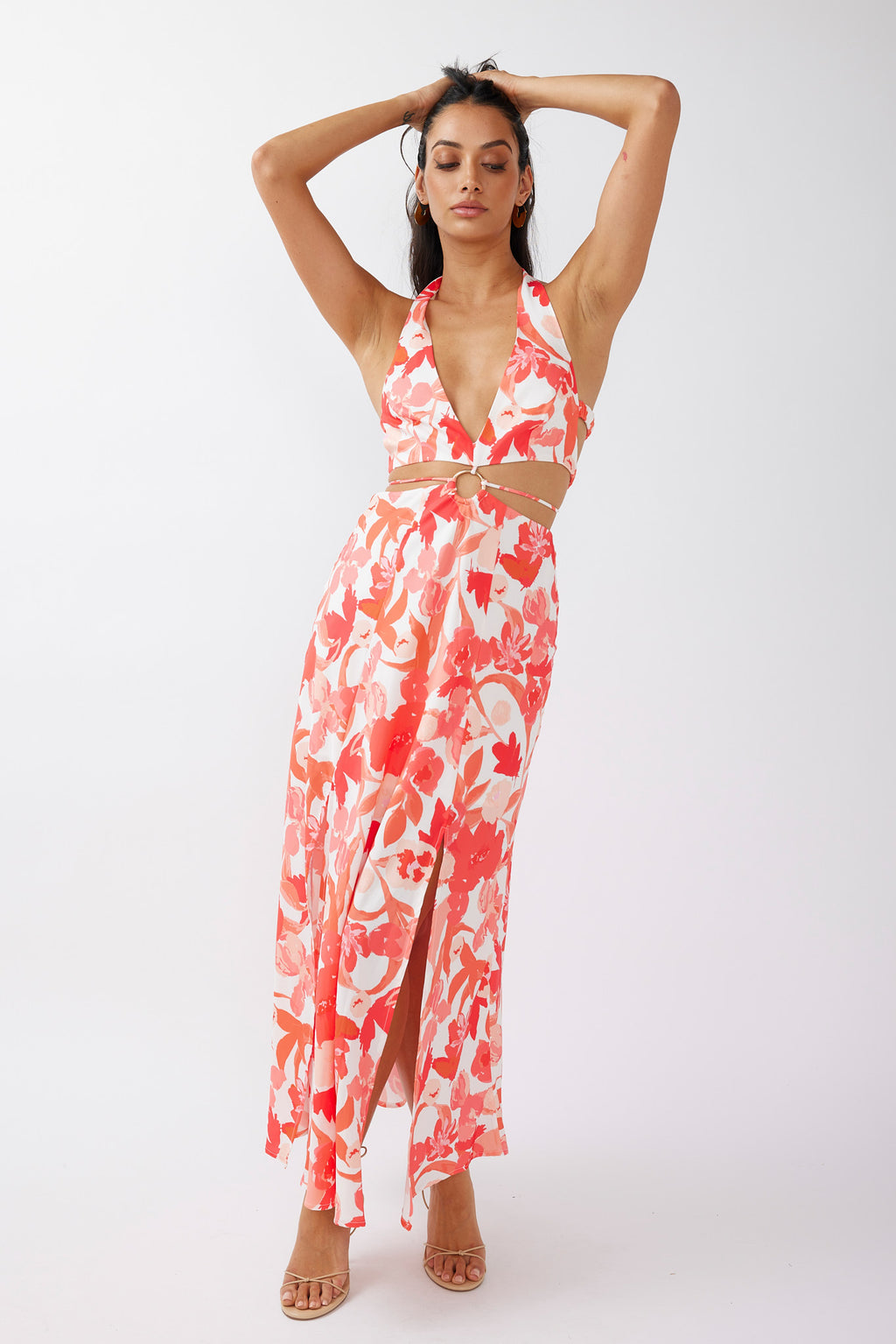 Tuscan Summers Cut-Out Midi Dress Floral Red by Selfie Leslie Australia